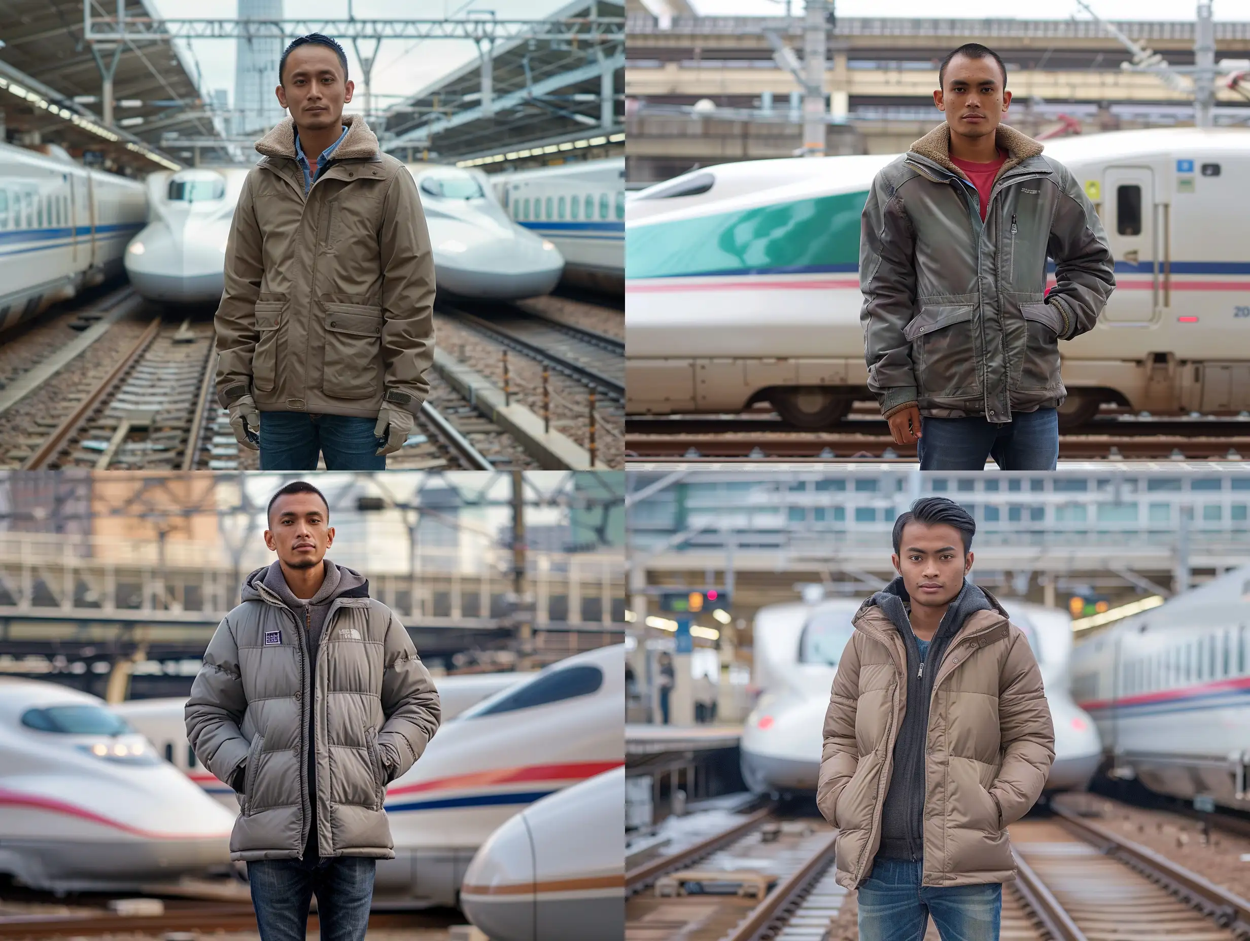 an Indonesian Javanese man (25 years old, oval and clean face, Indonesian hair, thin body, brown skin, wearing a thick winter jacket, jeans) standing posing like a model in front of Shinkansen (bullet trains): Japan is known for its high-speed trains, such as the Shinkansen, which can travel at speeds of up to 200 miles per hour.