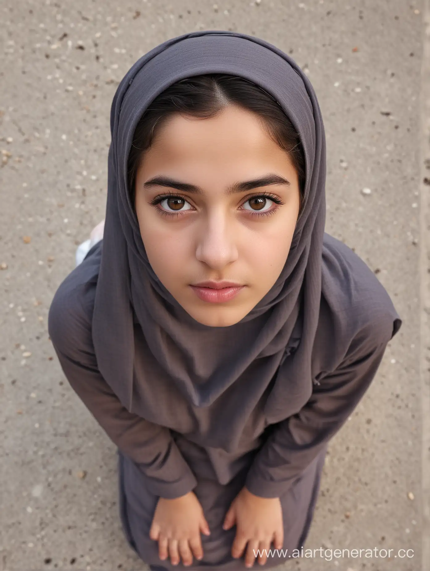A little persian girl. 12 years old. She wears a hijab, skinny wear. Close pov shot. Close up. From above. 8k sharp. Pretty face. Kneeling on the ground. Pursed lips. Different face. Plump lips. Brunette. Looks top. Pov. Angry.