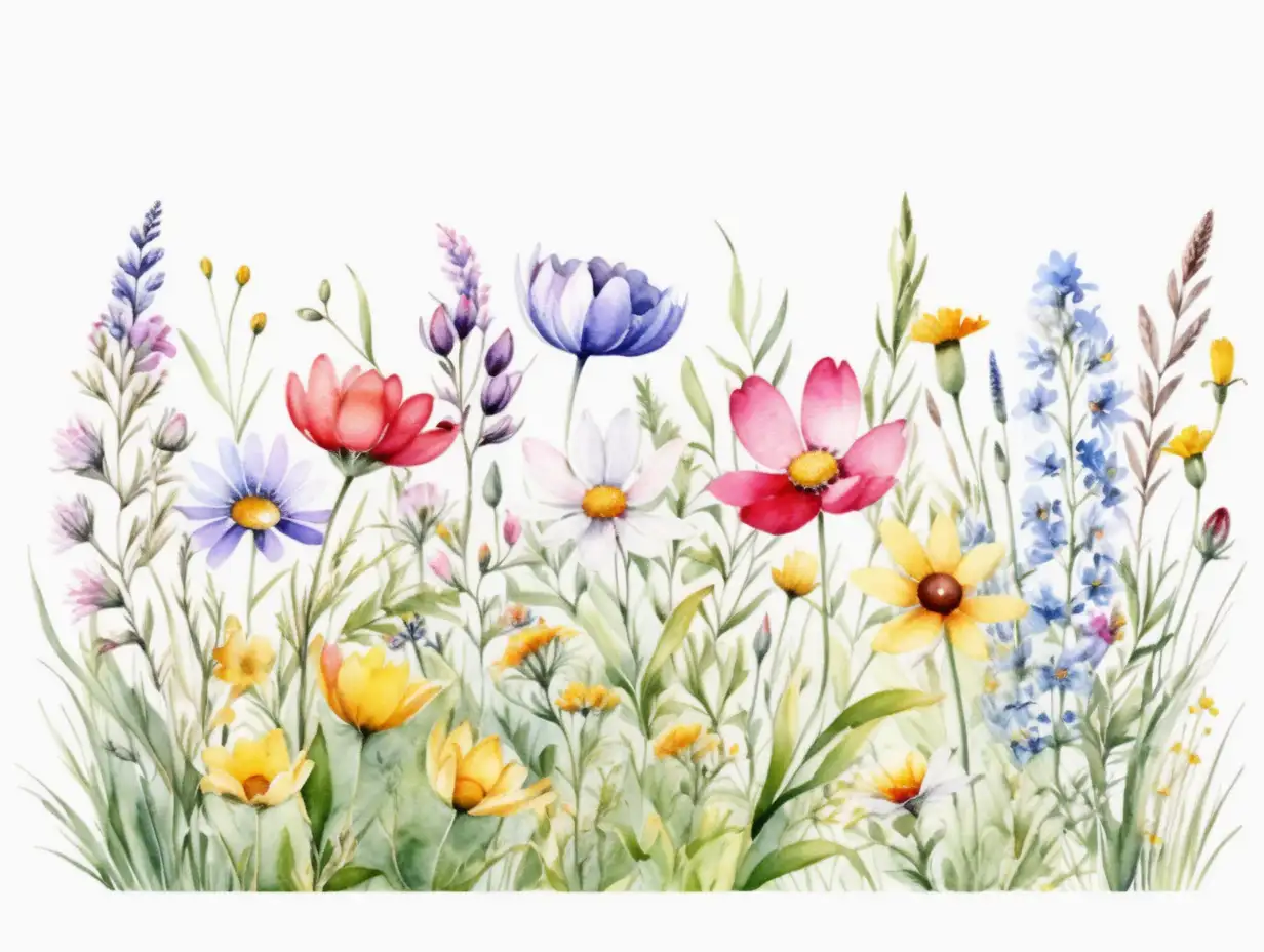 Watercolor Meadow with Spring Flowers on Isolated White Background