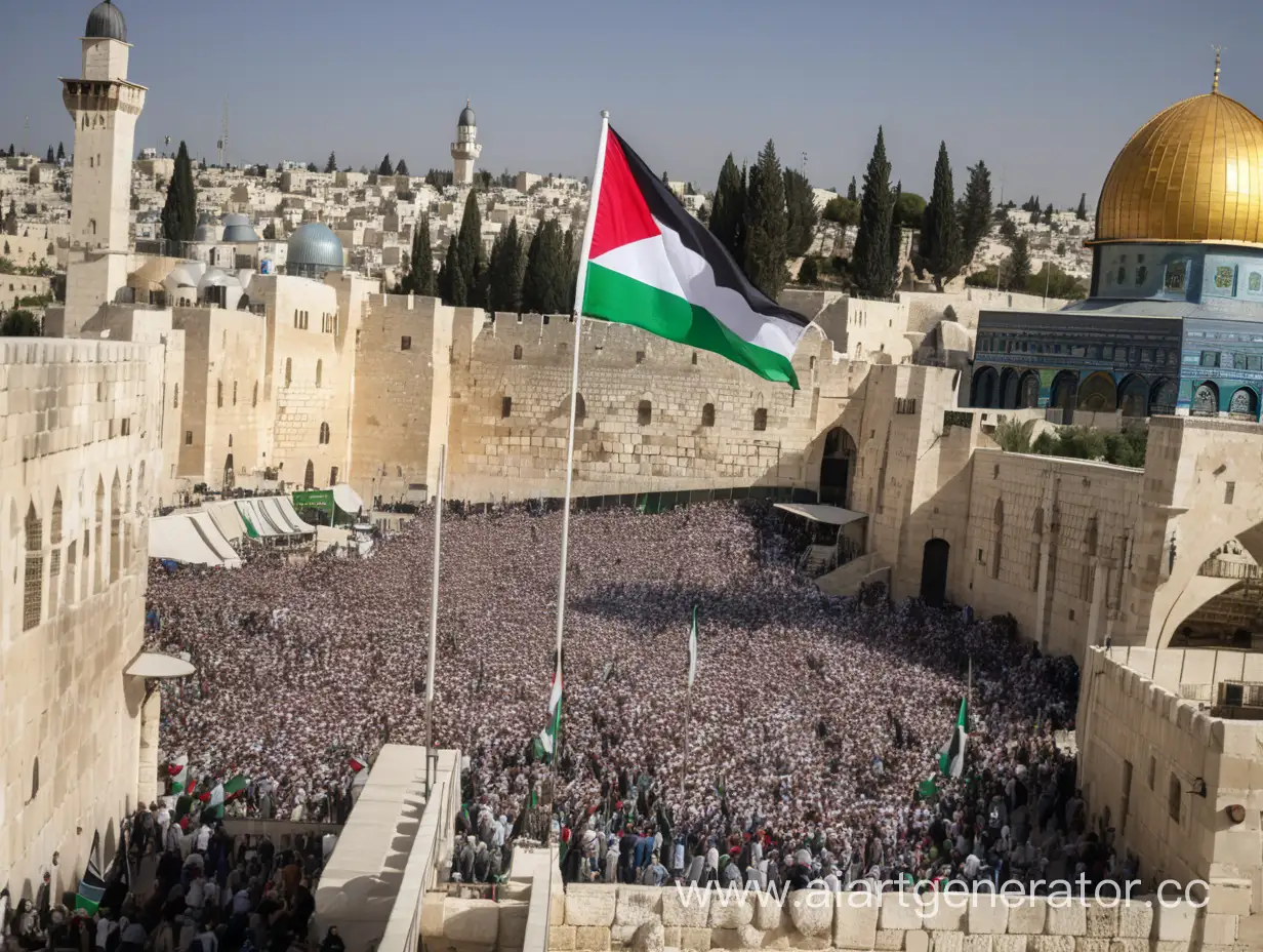 victory of muslims over jews, ierusalim,only  palestine flag, without jews flag