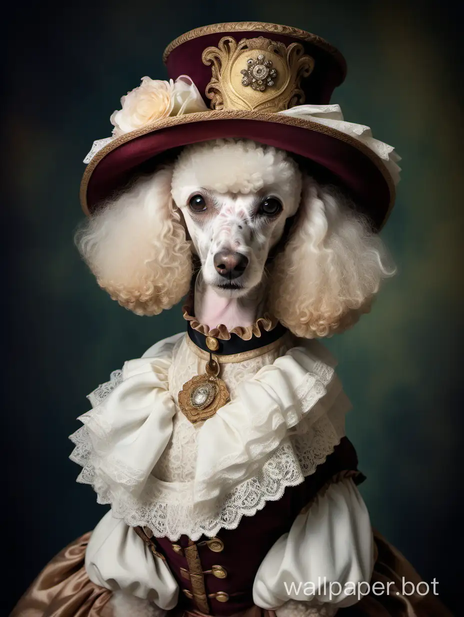 Portrait of a poodle dog - classical portrait painting, dog's head with a human body, in a Victorian walking costume, Victorian wedding dress, historical dress, beautiful hat, classical pose