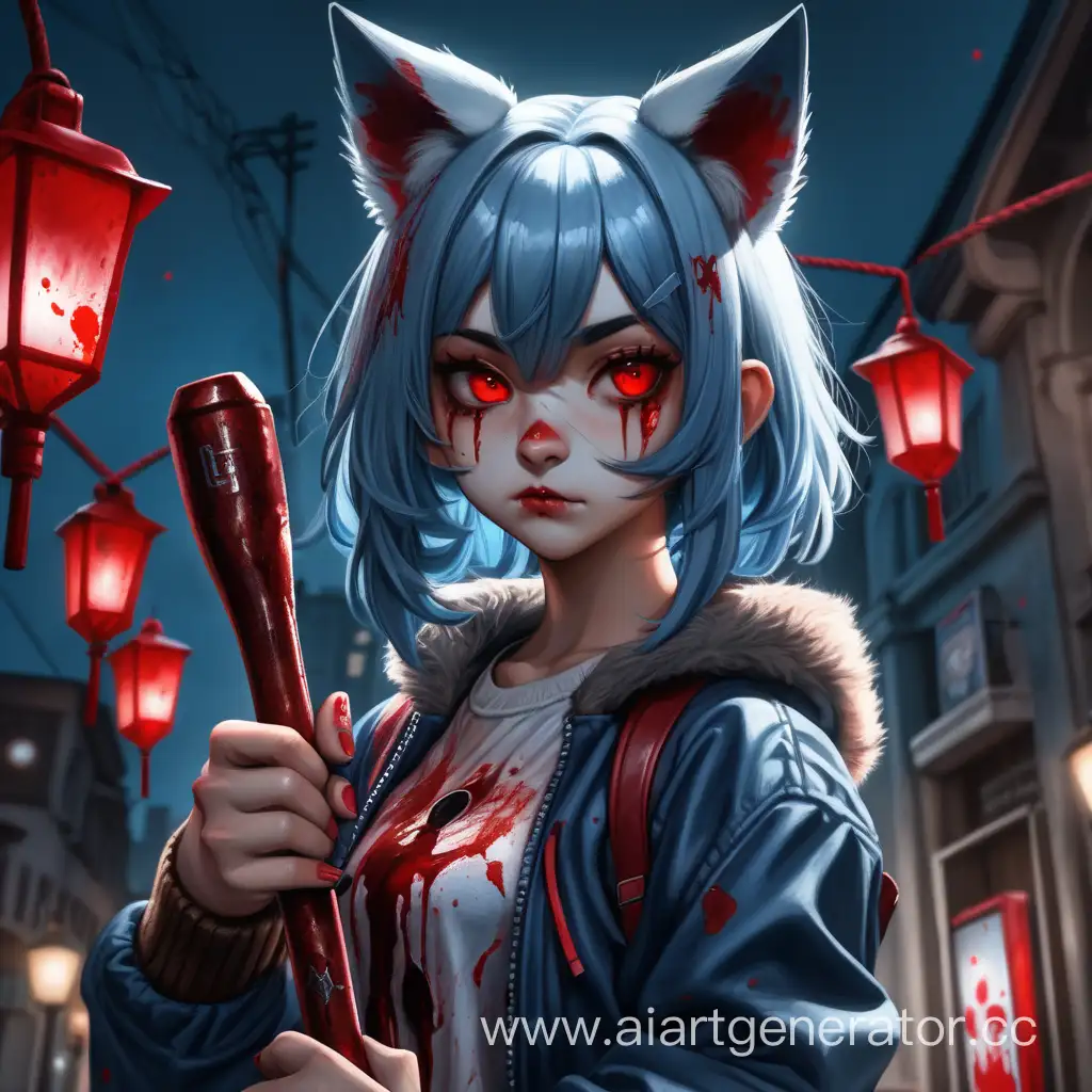 Девушка стоит с молотком в крови в серо синими волосами с коричневым глазами с ушами кота одета в костюм в крови на улице темно светят фонари 