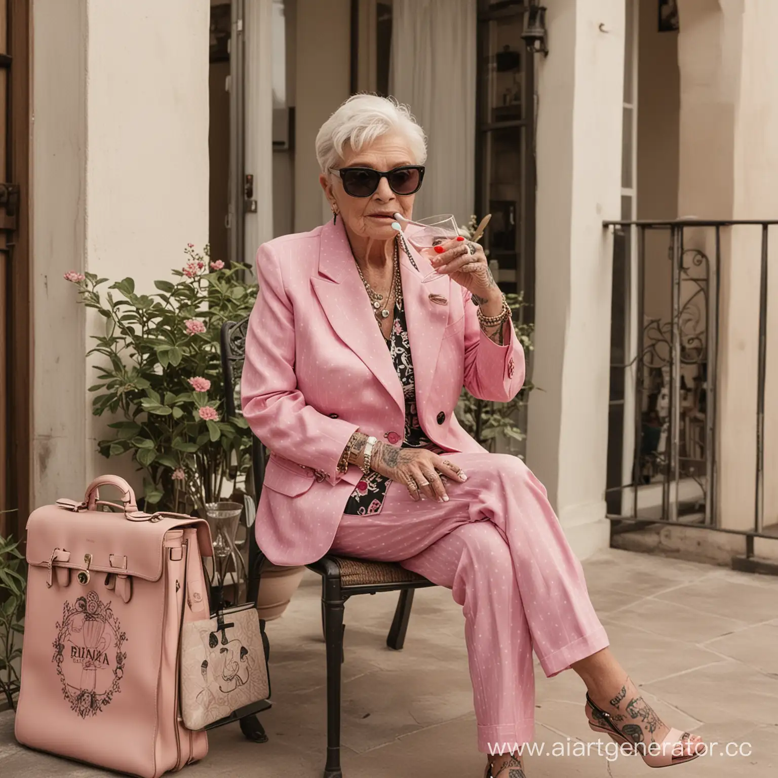 бабка, вся в татуировках, сидит на веранде итальянского дома, пьёт мартини, на ней костюм Прада розового цвета, рядом стоит сумка биркин, на ней крутые очки