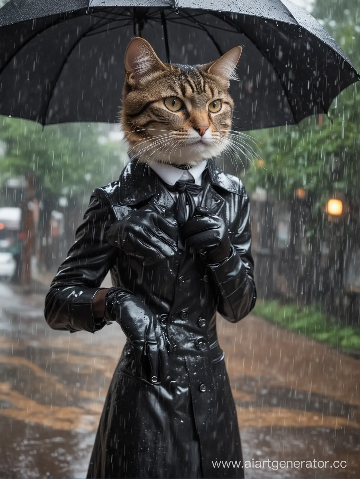 Elegant-Cat-Butler-Donning-Leather-Gloves-Amidst-a-Serene-Rainy-Landscape