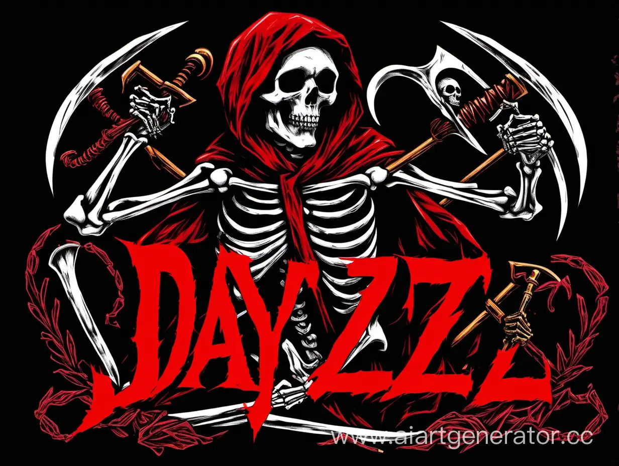 черный фон, большая красная надпись DAYEZ и скелет сзади с косой
