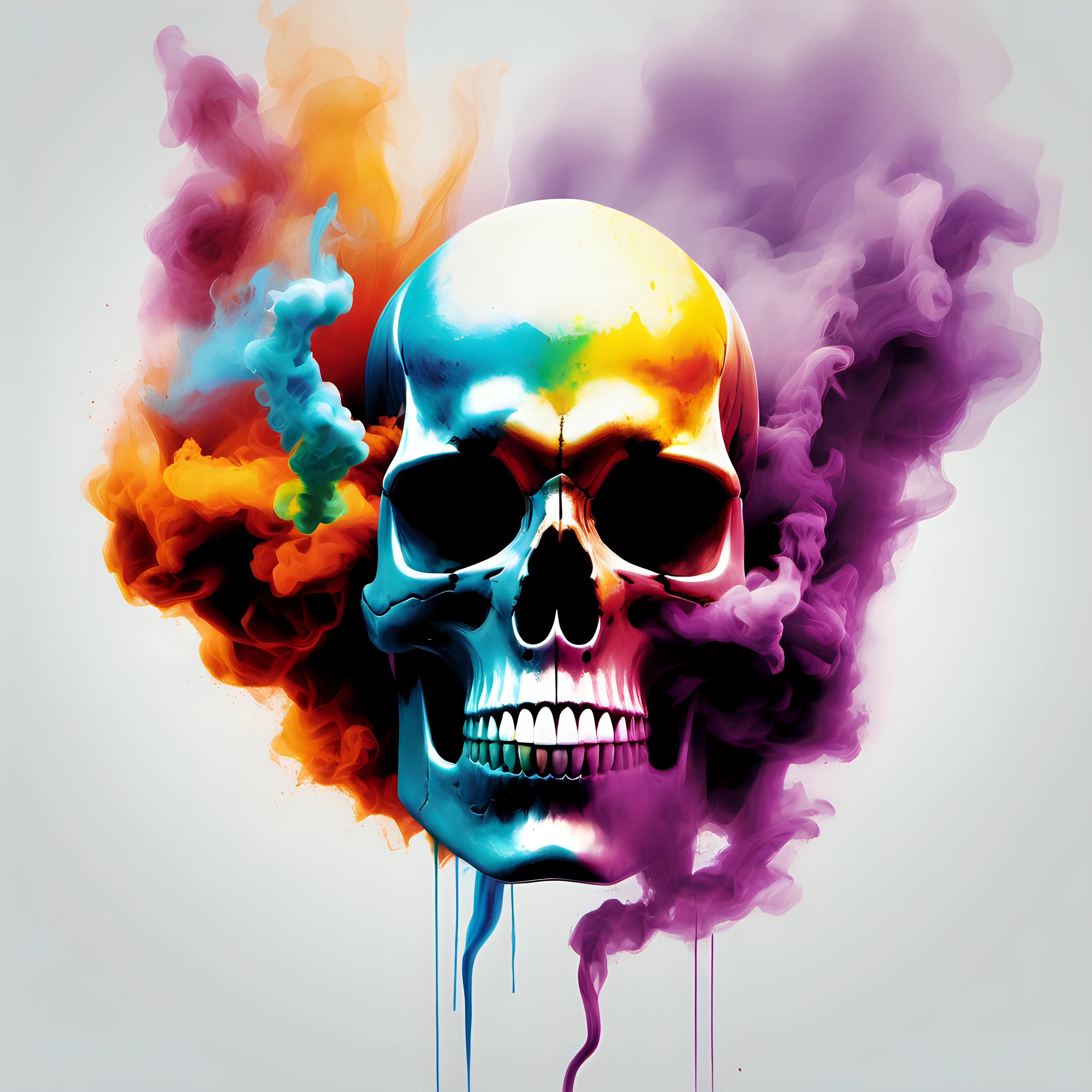 create a colourful abstract painting of a skull blowing out smoke on white background