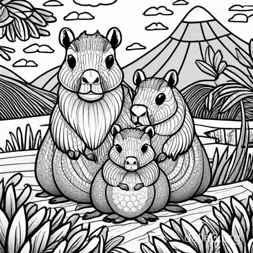 A detailed visually attractive and interesting professional children’s coloring page featuring a capybara couple with its babies, surrounded by a llanero background. Ensure that it is black and white, simple, cartoon style with clear outlines, and spaces are wide enough for coloring. Avoid shading; the image should be purely black and white line art