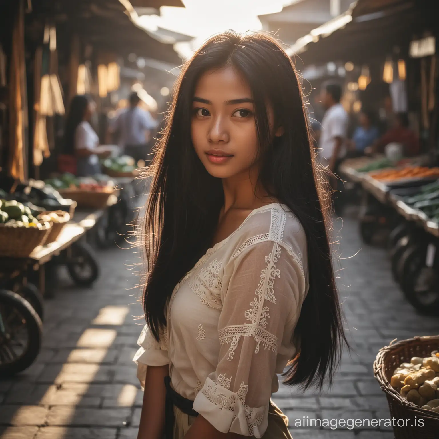 Photography of Indonesian beautiful girl, 23 years old, long black hair, natural lighting, shadow, at busy traditional market