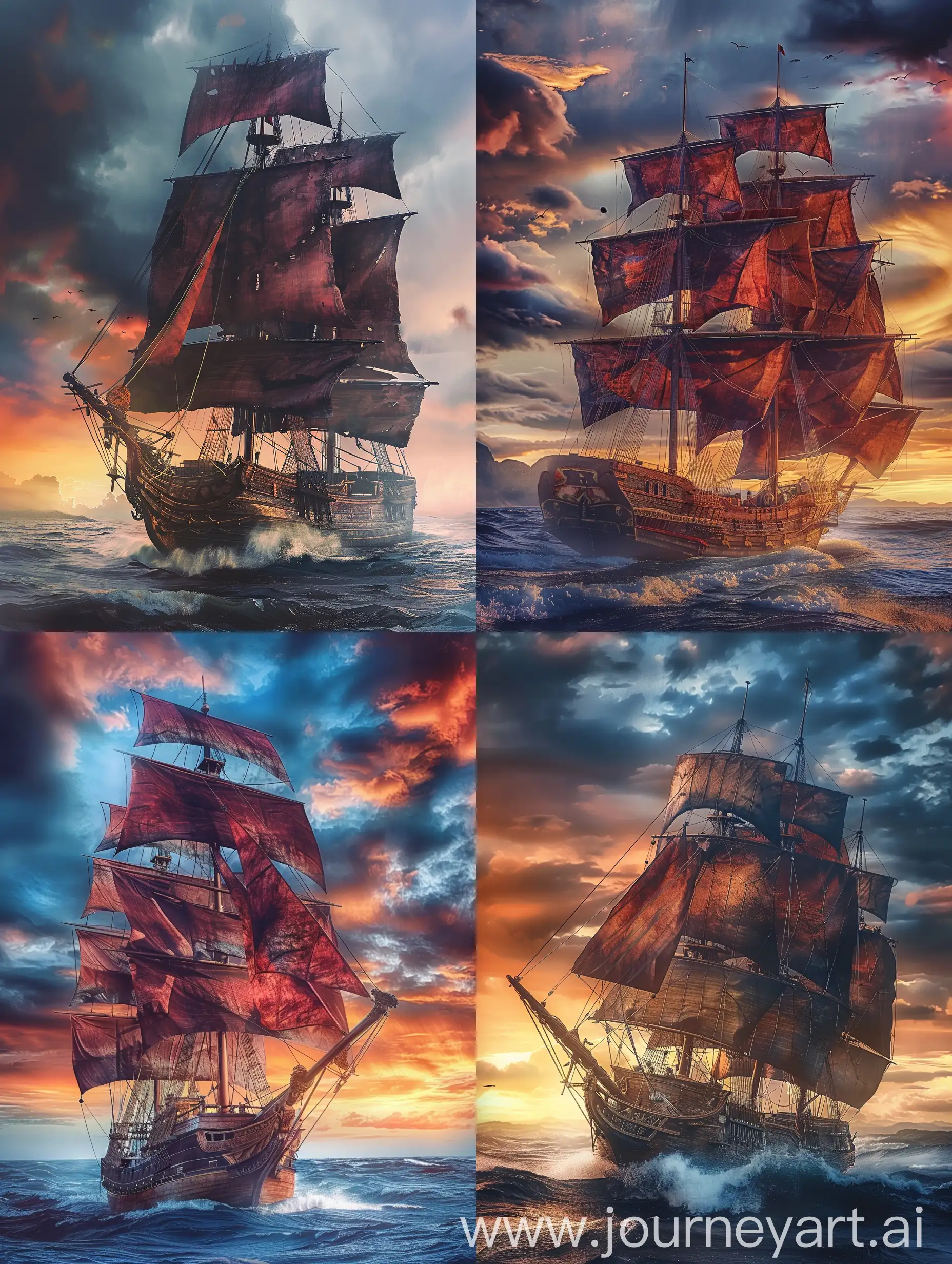 Sailing-Ship-with-Crimson-Sails-Braving-a-Stormy-Sunrise