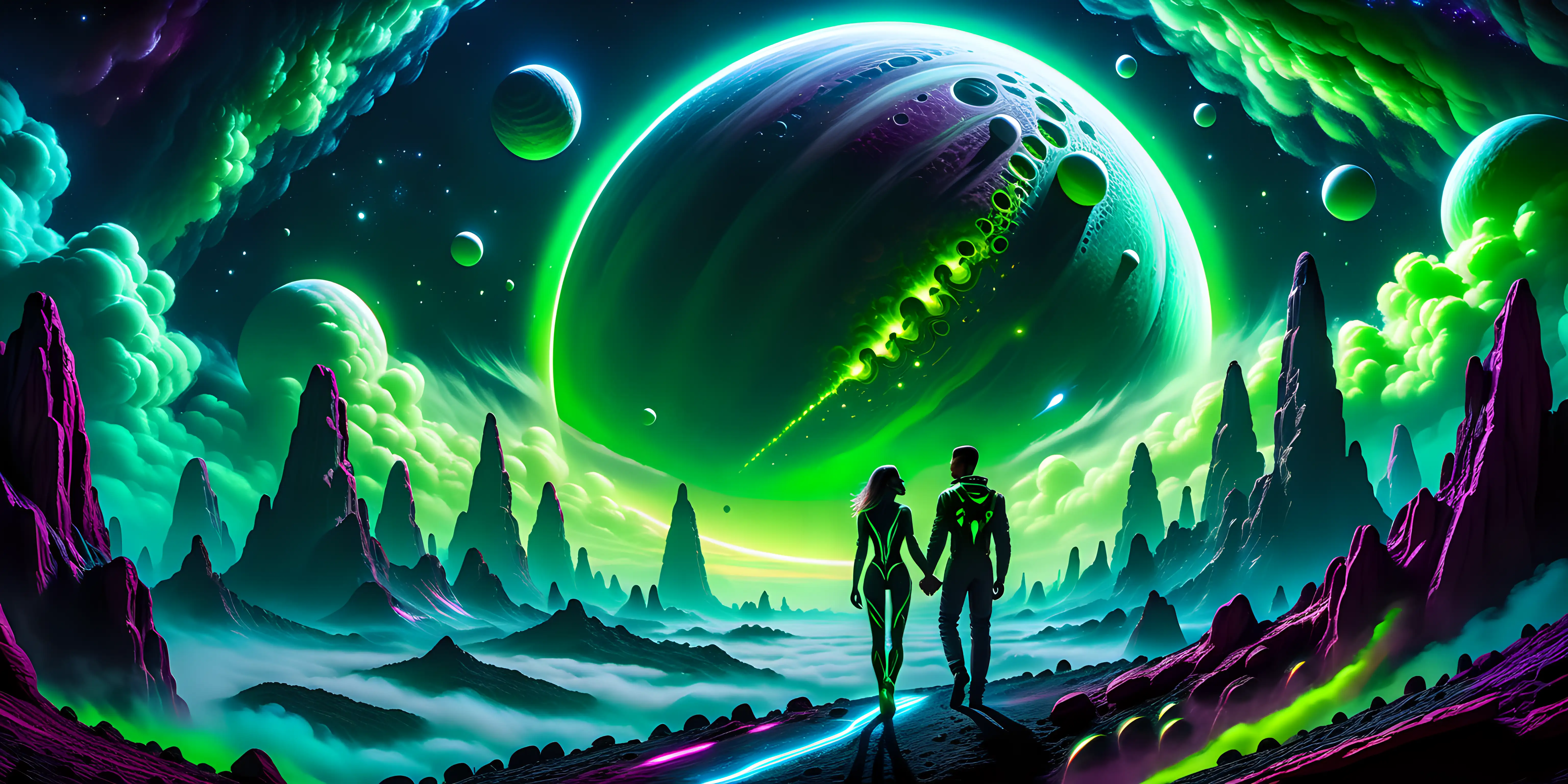 Extraterrestrial Love Cosmic Graffiti in Vibrant Neon Green