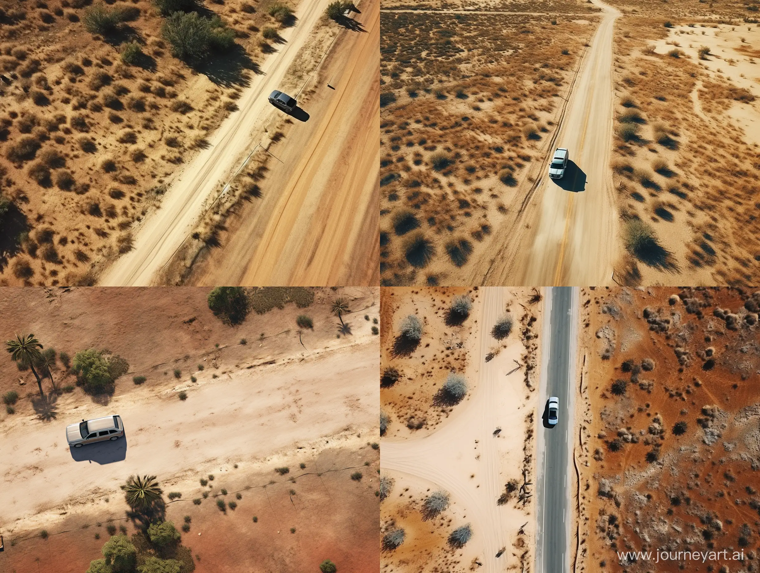 Scenic-Desert-Drive-Aerial-View-of-Asphalt-Road-Cars-and-Sunlit-Landscape