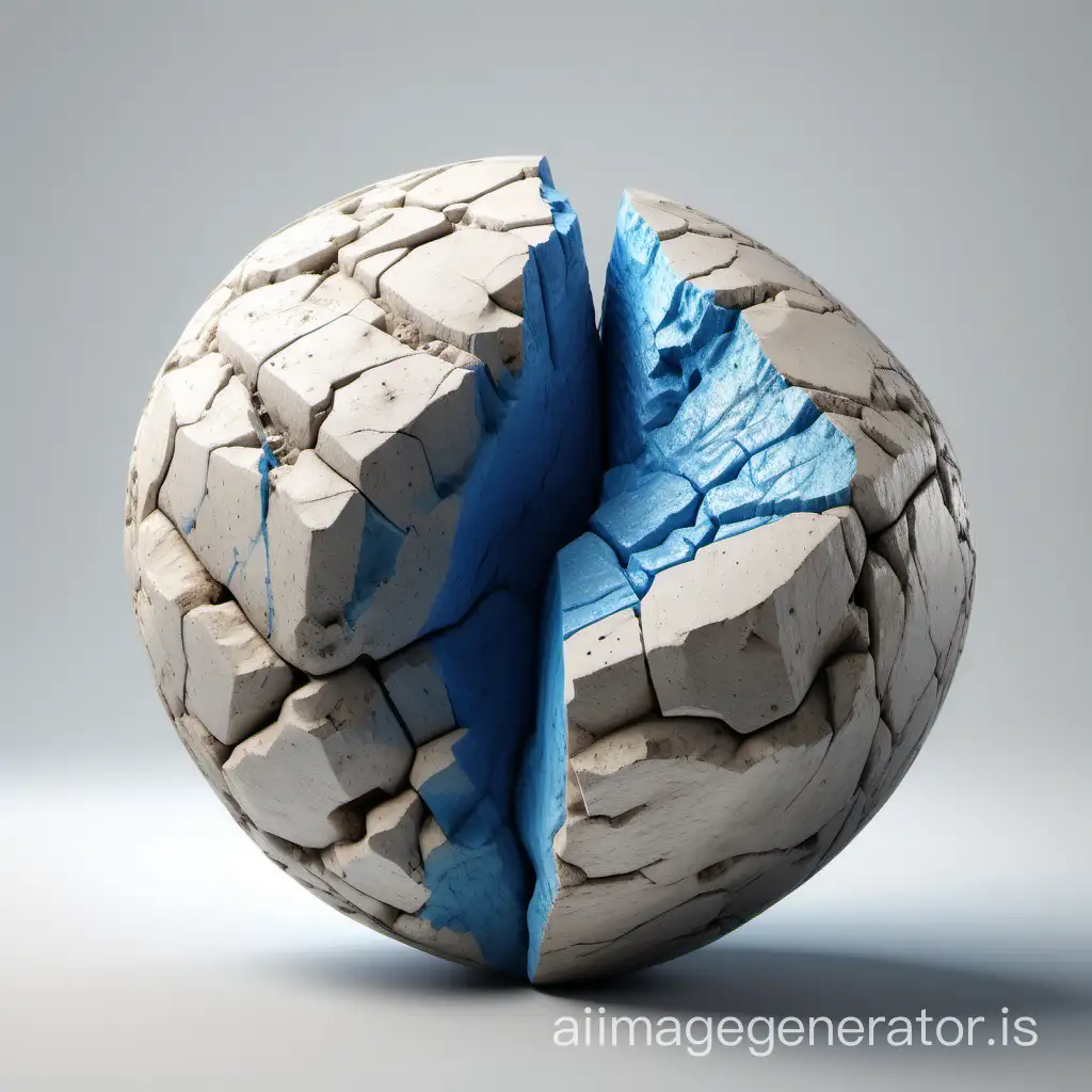 realistic pbr render of rock on white background. circle beige polished concrete rock, cracking up on 2 parts, bright blue inside