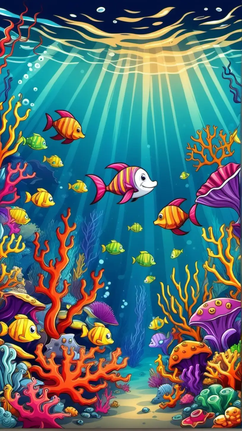 Vibrant Cartoon Underwater Scene with Colorful Marine Life
