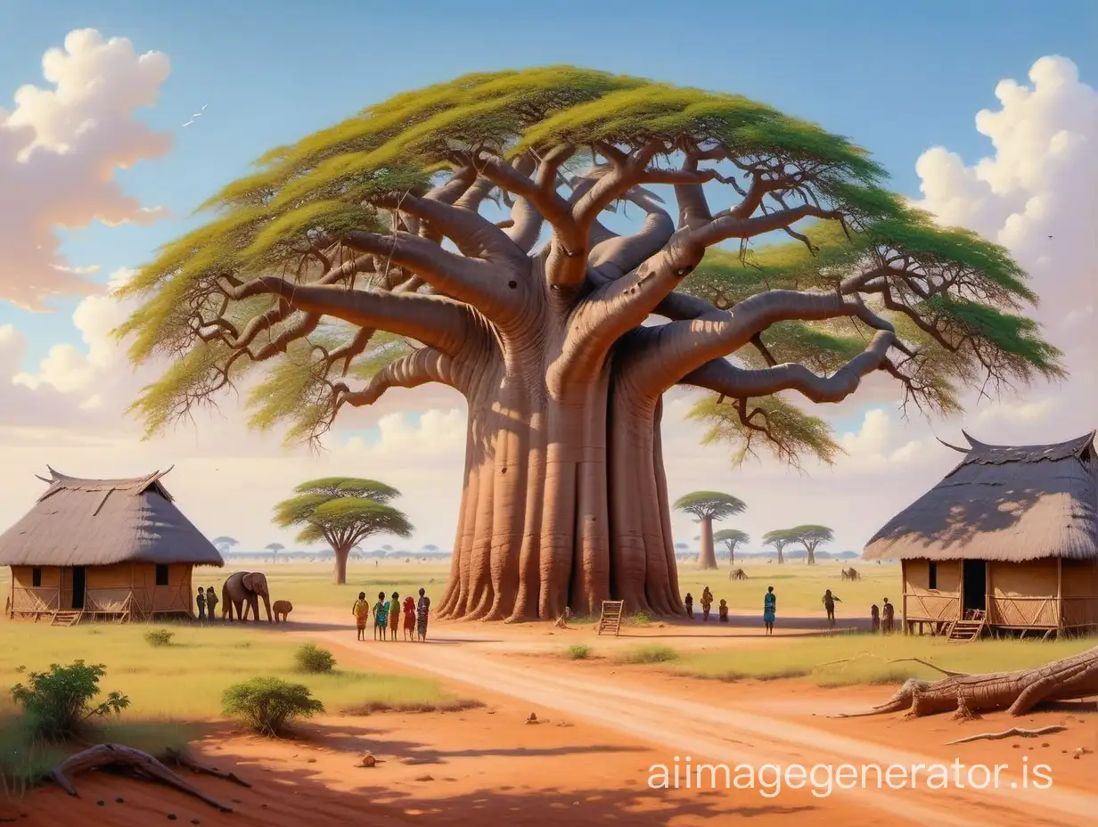 In a in the vast savanna landscape, there stood a magnificent and sprawling baobab tree, its massive trunk reaching towards the sky, surrounded by huts and villagers going about their daily lives, realistic painting