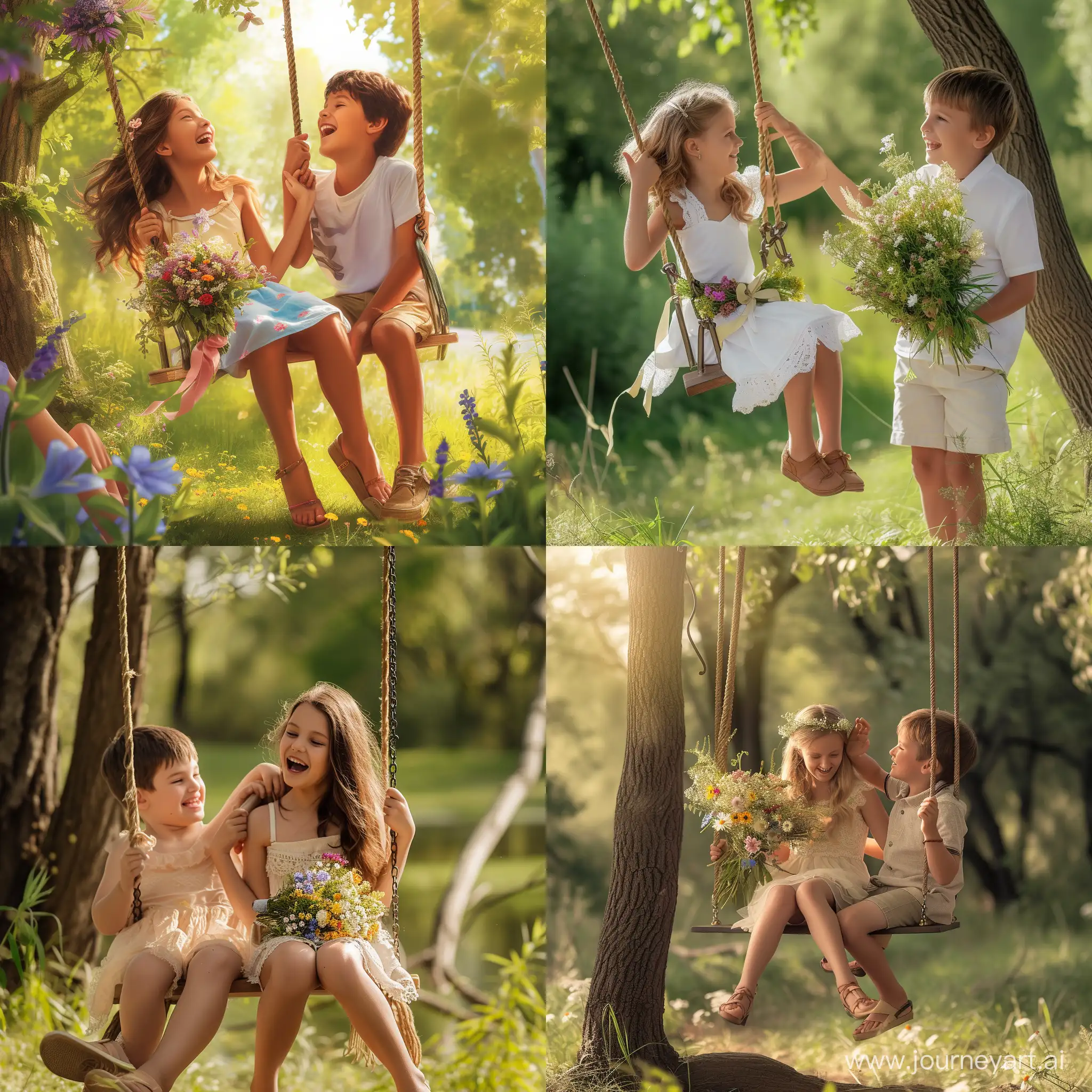 Мальчик качает девочку на качелях в летнем парке, девочка ,сидящая на качелях, держит букет полевых цветов, дети разговаривают и смеются, солнечный летний день, фотография, гиперреализм, высокое разрешение