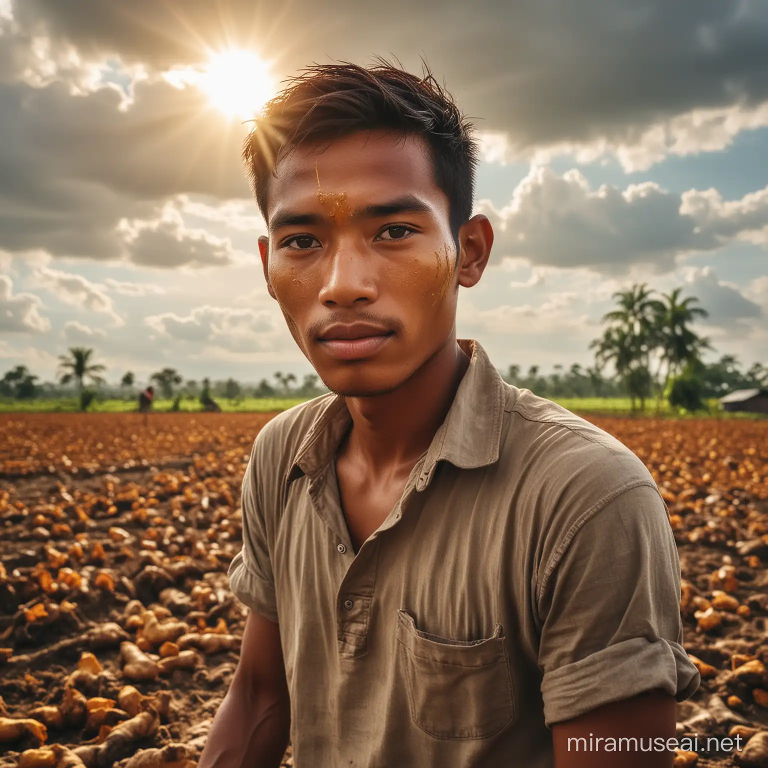 Indonesian Youth Harvesting Turmeric in SunDrenched Fields