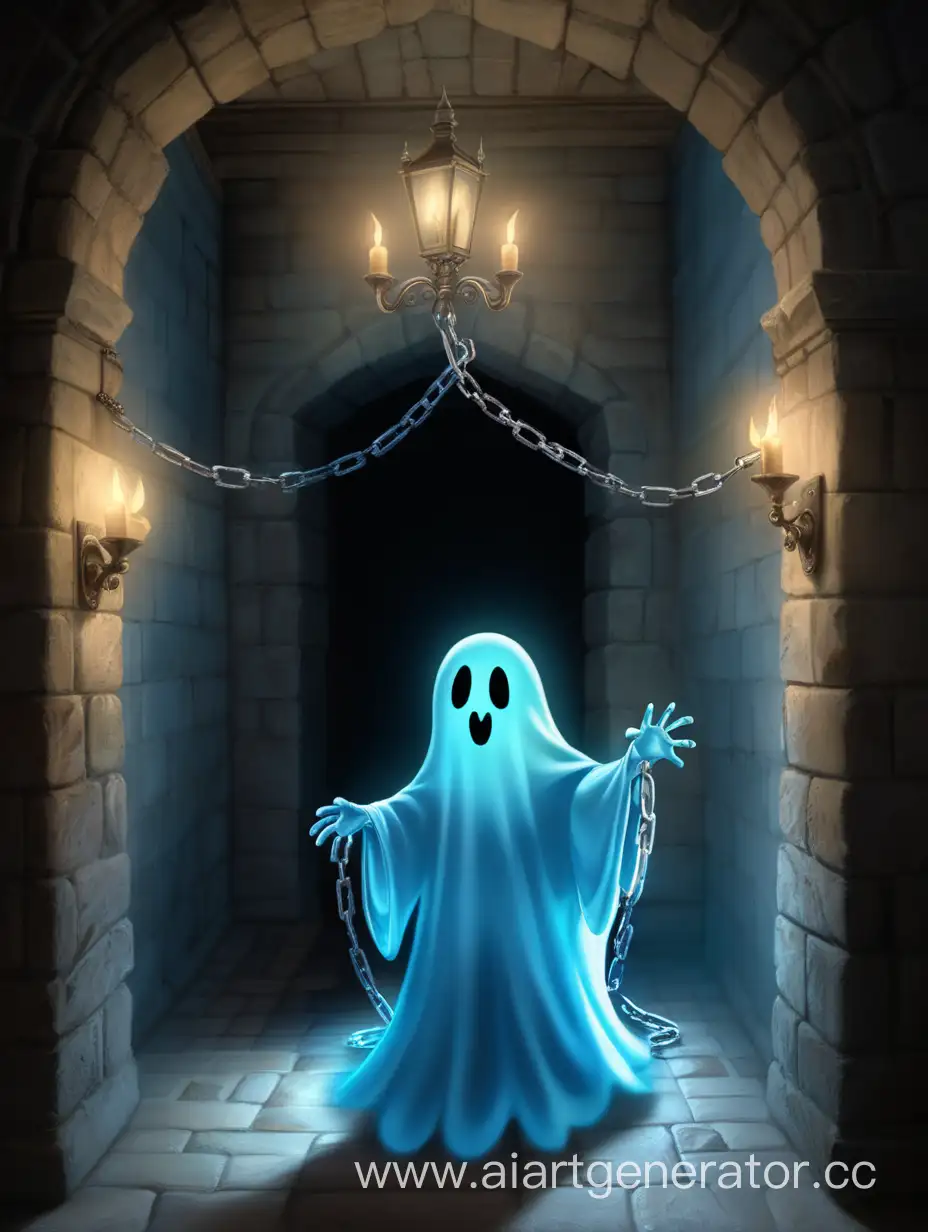 Весёлый призрак который светится голубым гремит цепями в коридоре замка