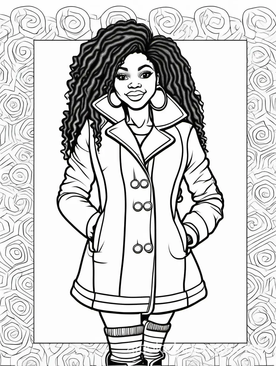 Pretty black woman  coat and knee high boots , Coloring Page, black and white, line art, white background, Simplicity, Ample White Space. The background of the coloring page is plain white to make it easy for young children to color within the lines. The outlines of all the subjects are easy to distinguish, making it simple for kids to color without too much difficulty