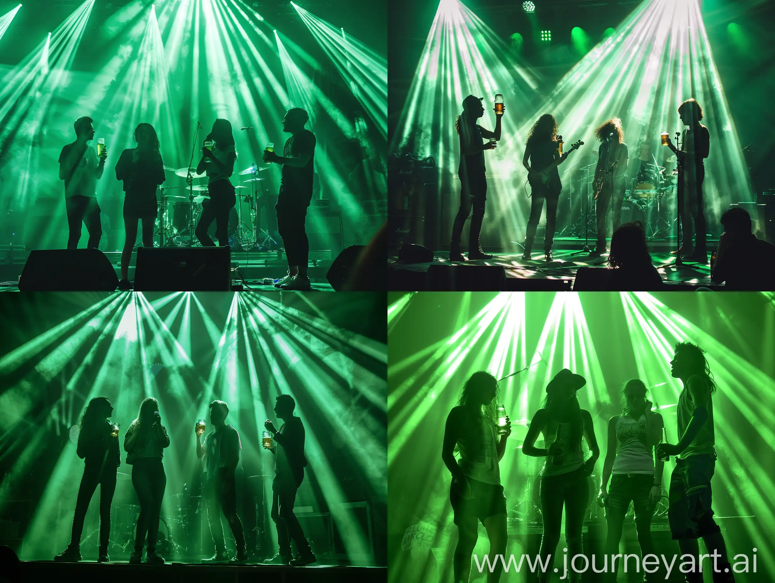 a company of four young people stands on stage in the green rays of light music with a rock band, they drink beer, dance and enjoy the moment