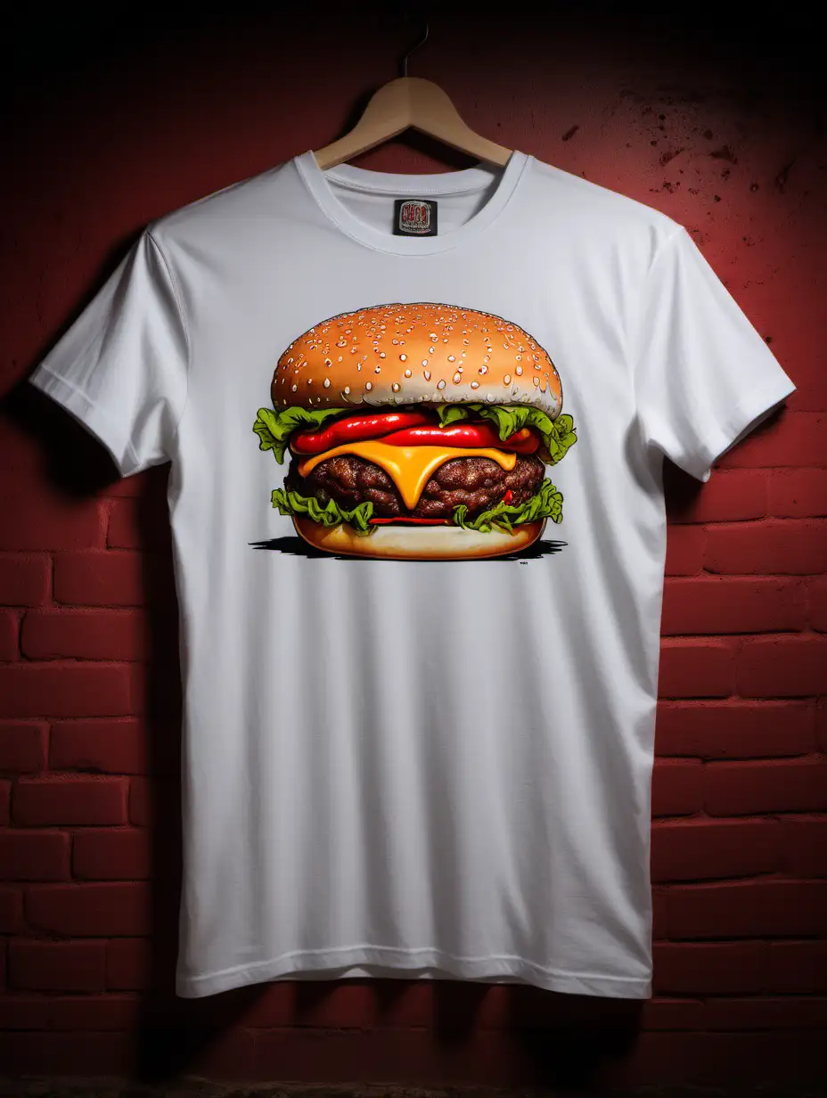 Profesjonalne zdjęcie koszulki z burgerem i Carolina reaper na koszulce nie ma być napisu, w tajlandzkim otoczeniu. Skomponowany kadr uwzględnia realistyczne detale, zarówno koszulki, jak i otoczenia. Użyto wysokiej jakości aparatu, by uchwycić szczegóły, zapewnić optymalne oświetlenie i dostosować kompozycję, odzwierciedlając zarówno scenerię tajlandzką, jak i charakter koszulki w codziennych sytuacjach.