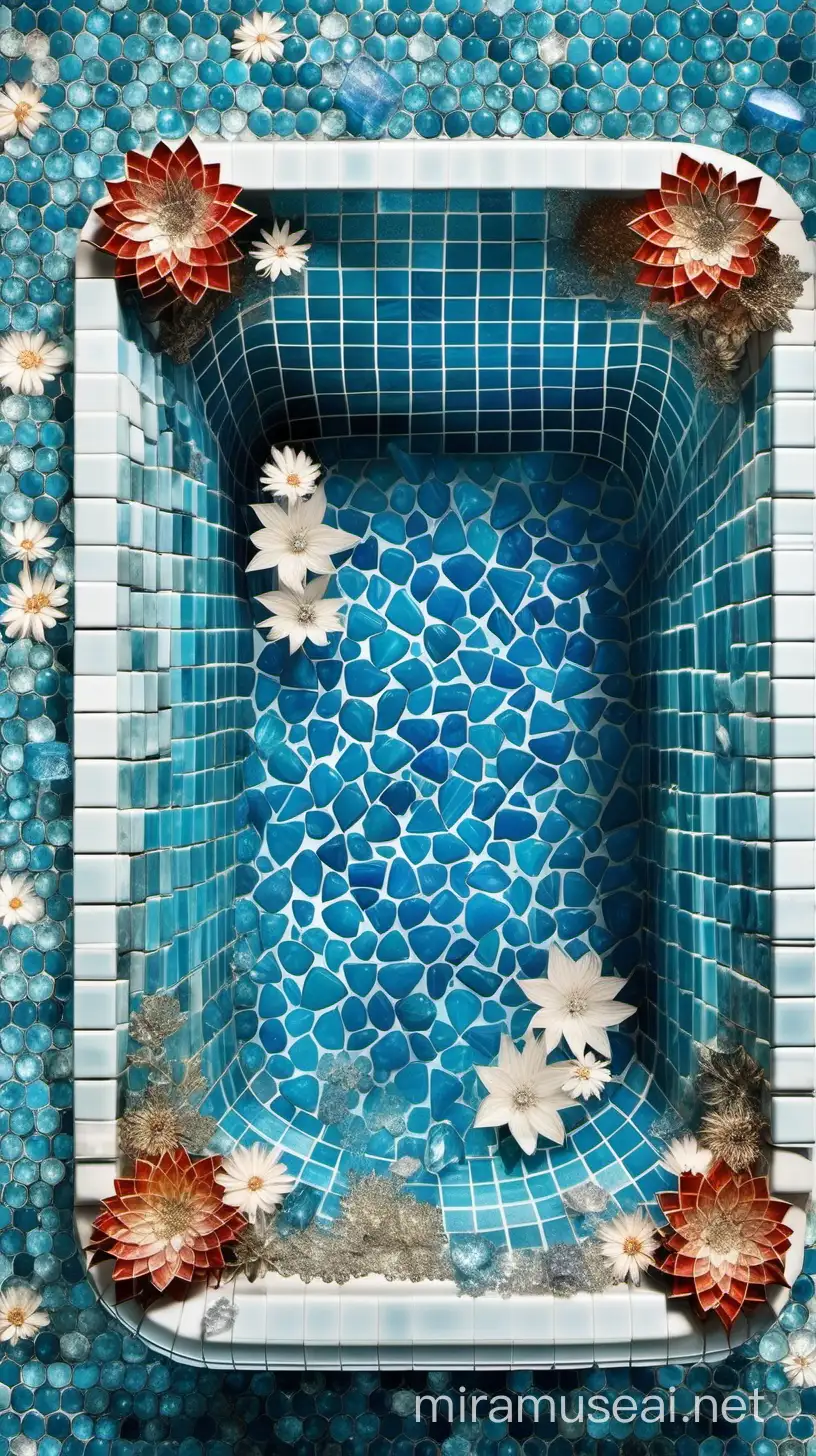 a bathtub made of gemstone tiles, filled with clear blue water with flower leaves decorated by glistening crystals floating on top of it, top view