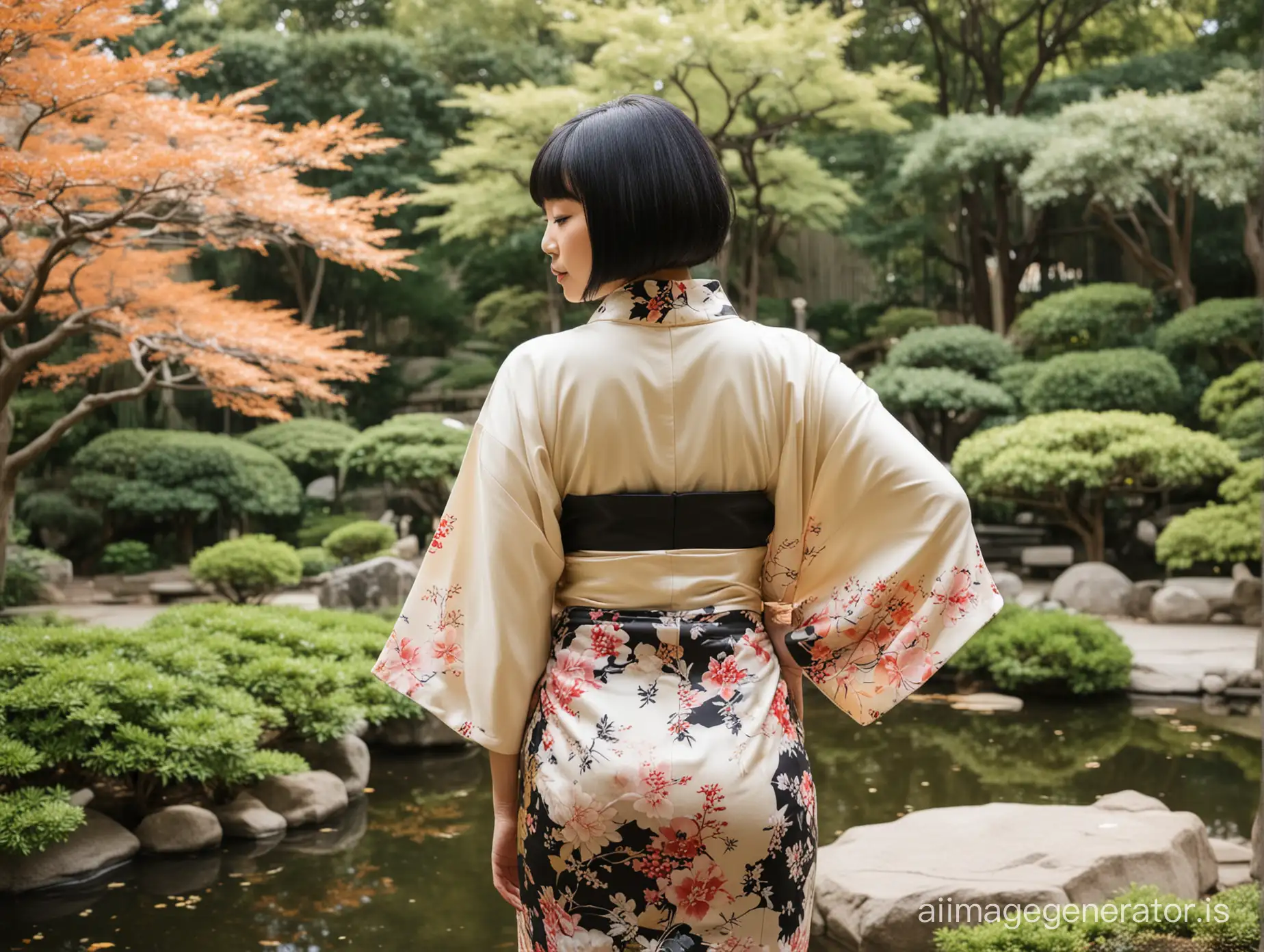 Black bob cut, asian, cream kimono, Japanese garden