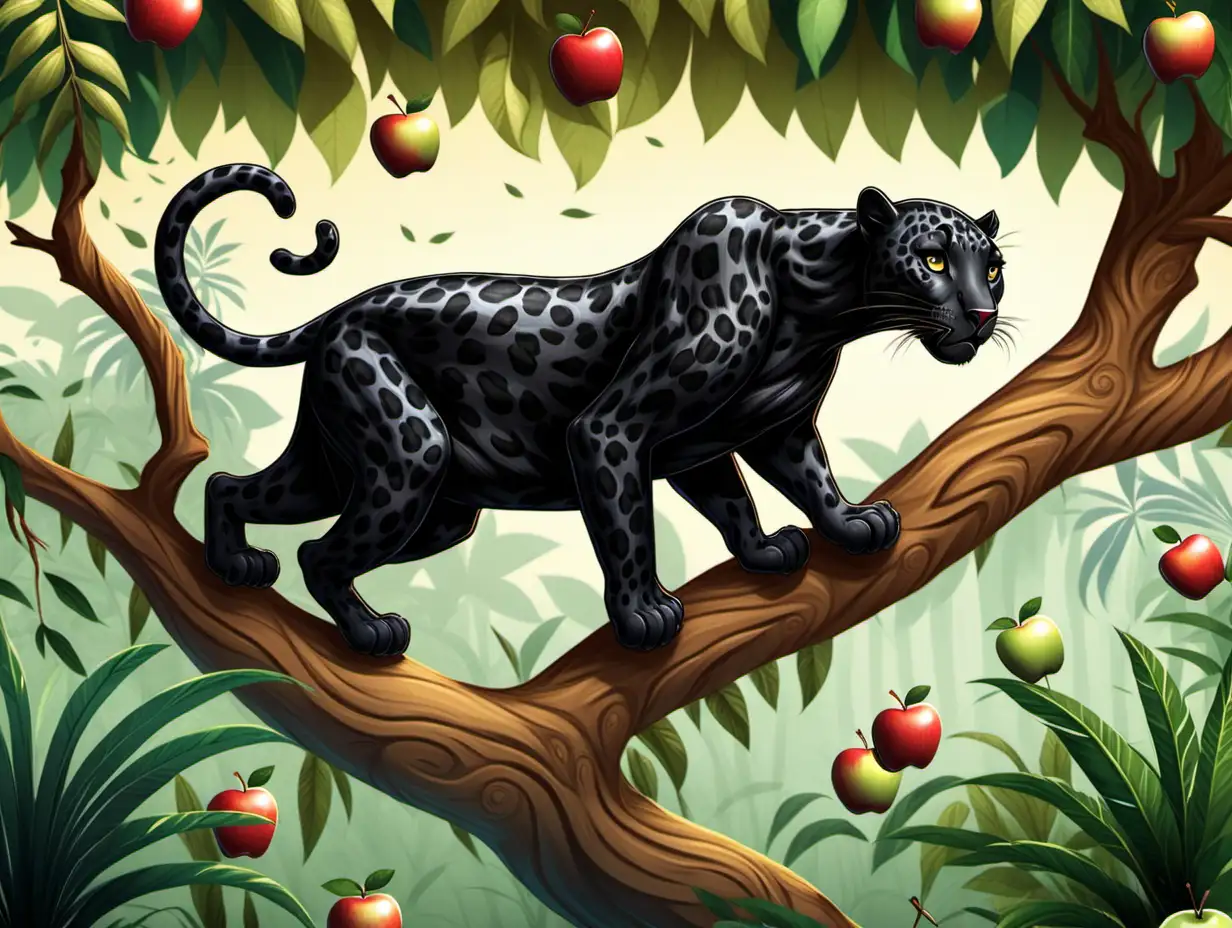 a black leopard climbing the tree to get an apple in the jungle (for a children's book)