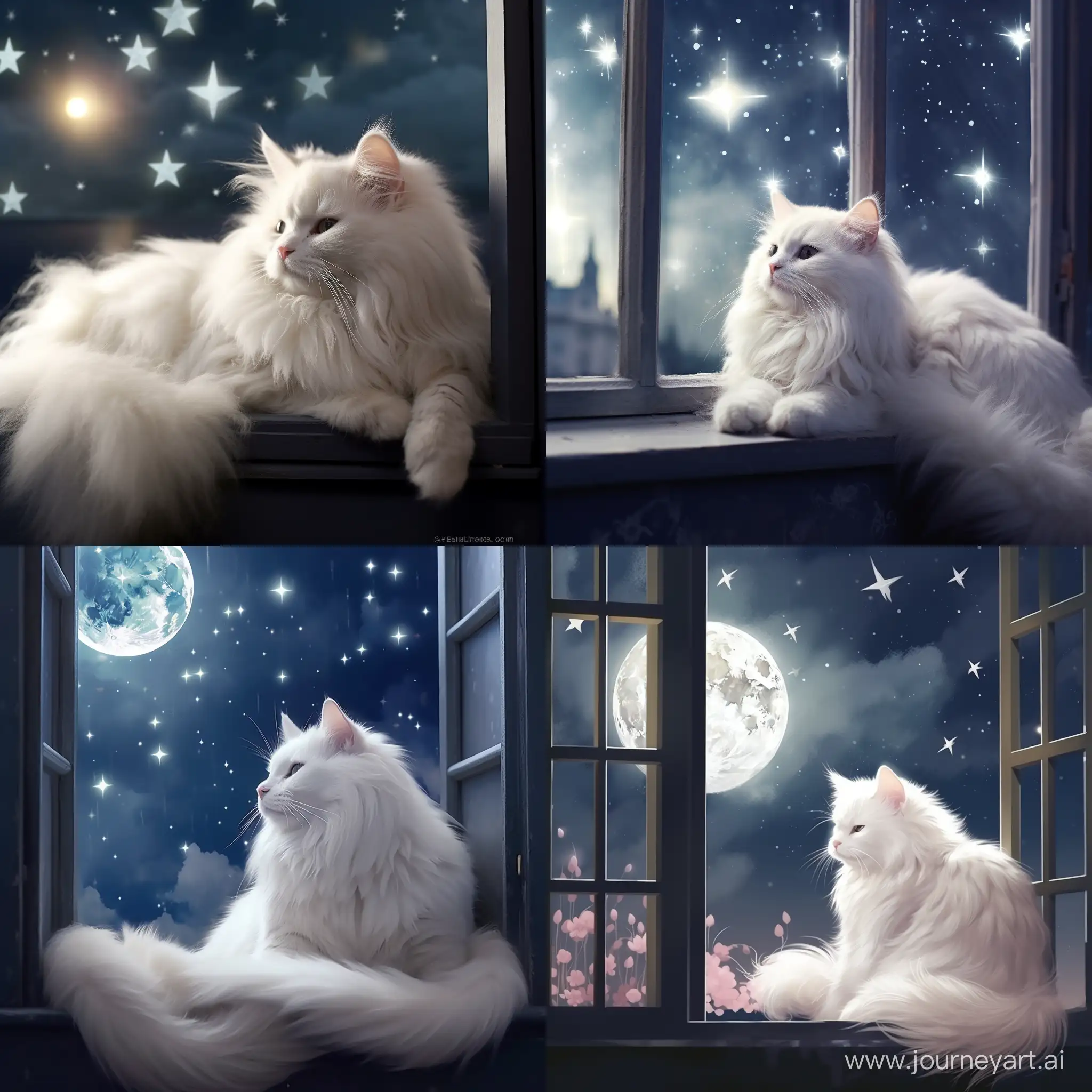 White cat sitting on the window sill during the night. There are alot of stars in the night and full moon, the windows are white and it is very romantic and beautiful picture.