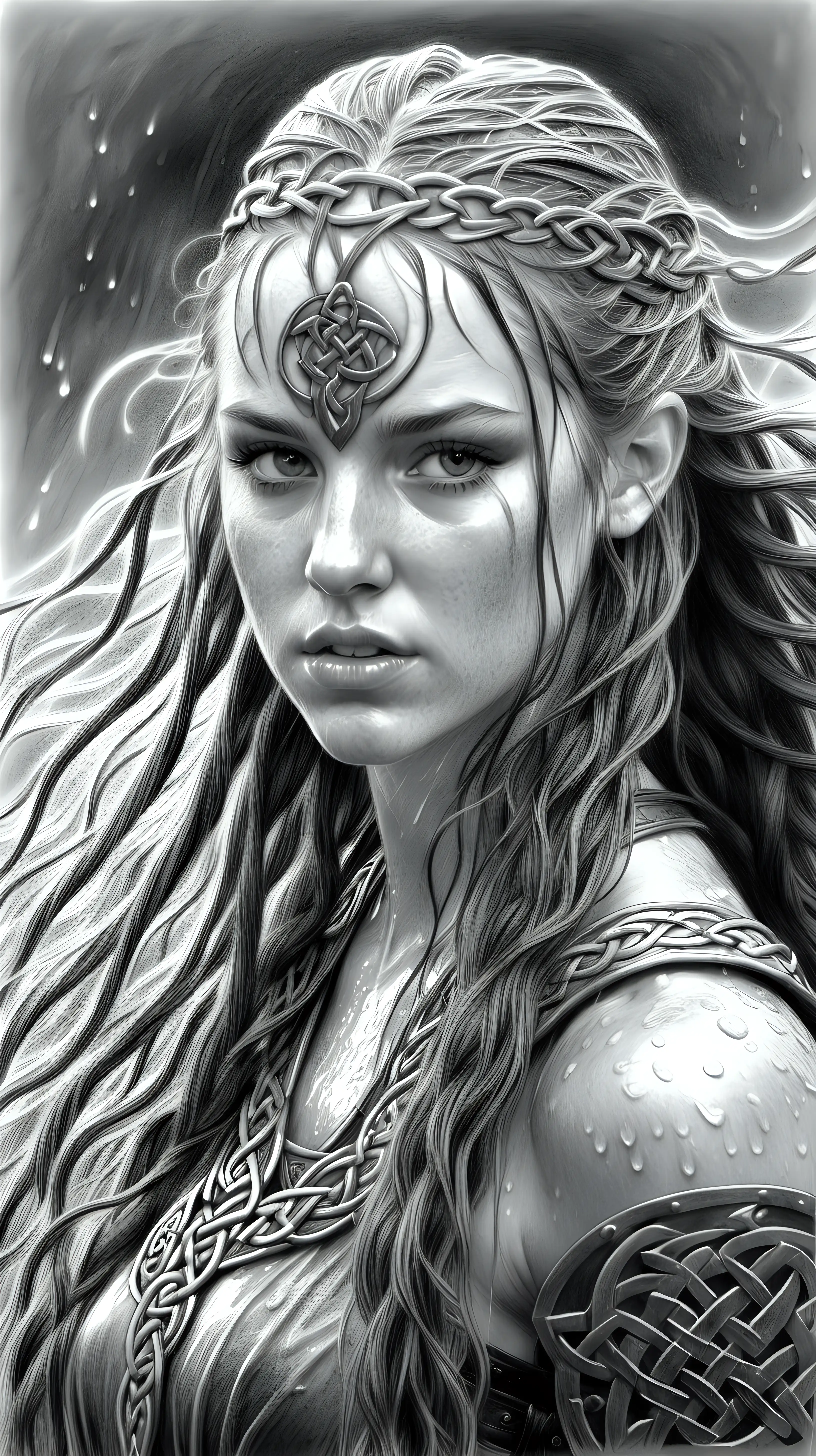 Celtic Warrior Girl with Long Hair in Pencil Drawing
