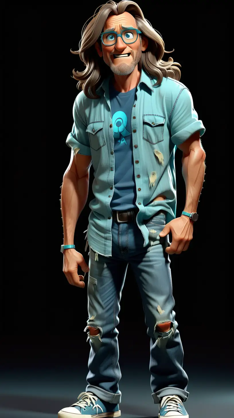 Middle aged male, glasses, really long hair, clean cut, wearing a ripped cyan shirt and blue jeans, survival outfit, sneakers, pixar style, black background, different expressions, different poses, full body image
