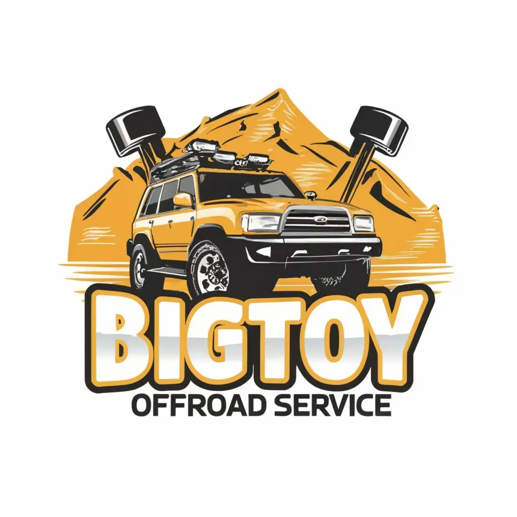 logo , Toyota land cruiser 80 , sahara, safari, OFFROAD SERVICE , with the text "BIGTOY OFFROAD SERVICE" in blue, modern style, be used in Automotive industry as logo with desert behind more classy and modern style with hammer and wrench