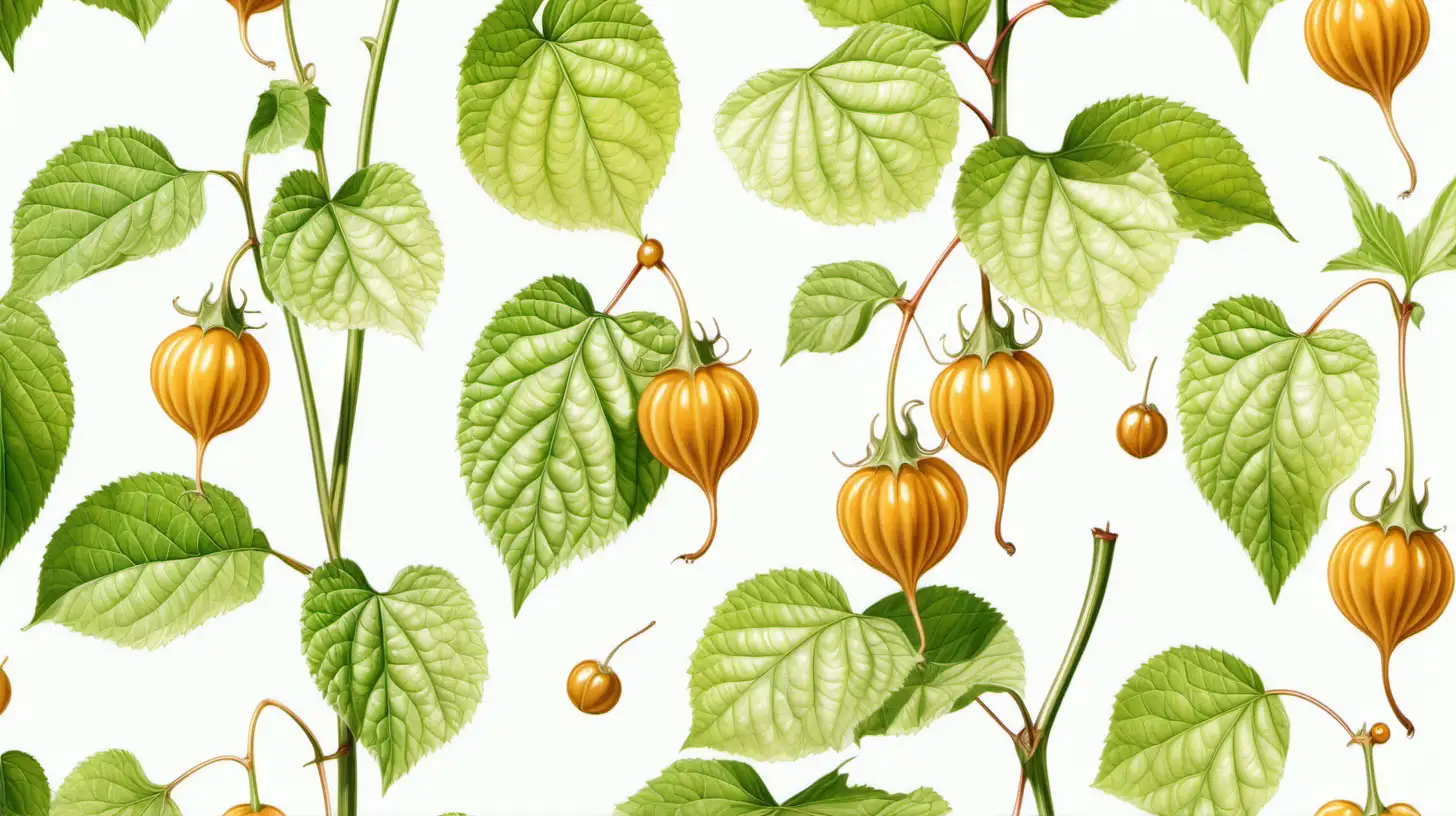 Realistic Ground Cherry Plant Seamless Pattern on White Background