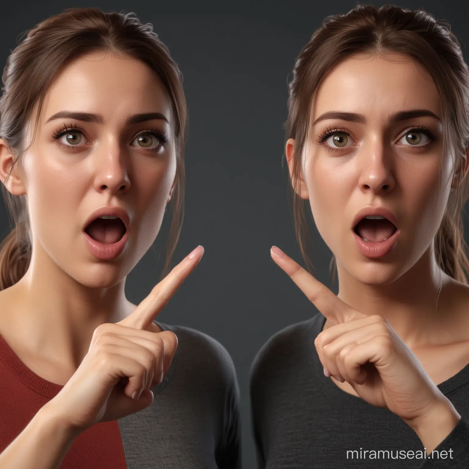 Two almost similar people looking at themselves and pointing in surprise if that's them they should appear surprised and their face should be closer, all in a 4k Unreal engine render