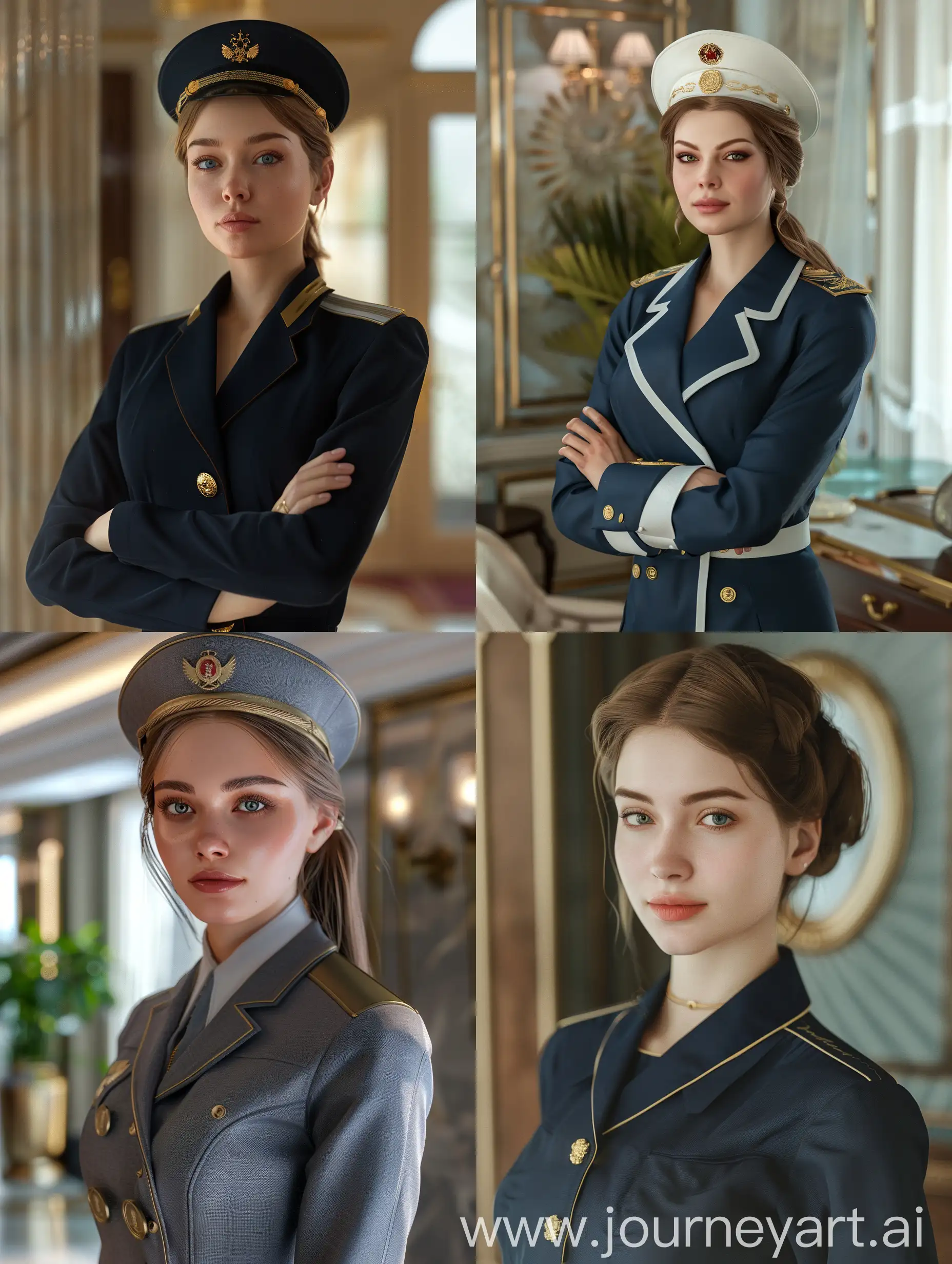 Anya, hotel administrator in Russia, uniform, 5 star hotel, spring vibes, photorealistic, 4k