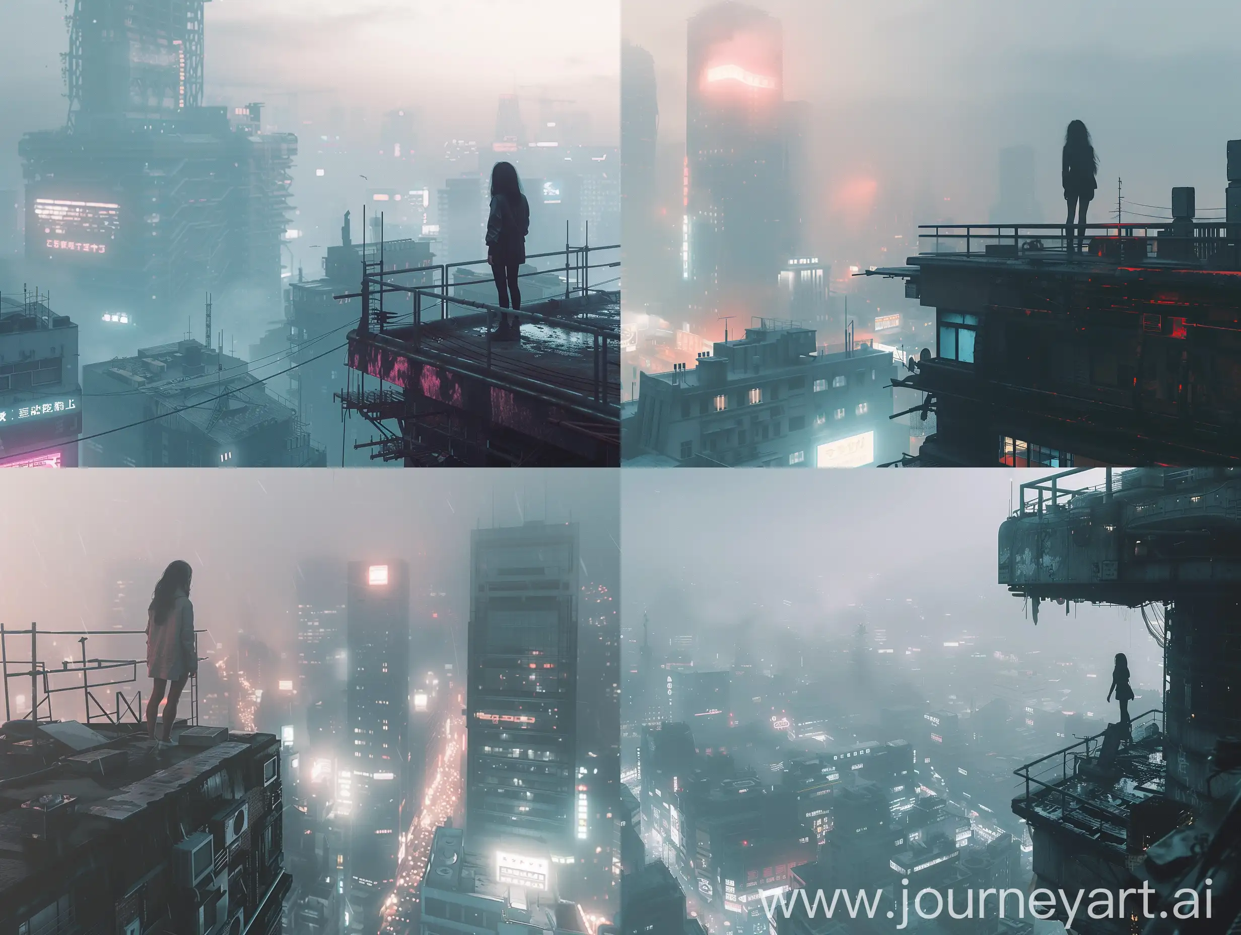 A picture capturing the viewpoint of a woman standing on the rooftop of a building while looking at the city, with soft lighting, day time, in a bustling futuristic city environment. The image shows a full view of the city and has a raw and relaxing style. foggy, dystopian,

