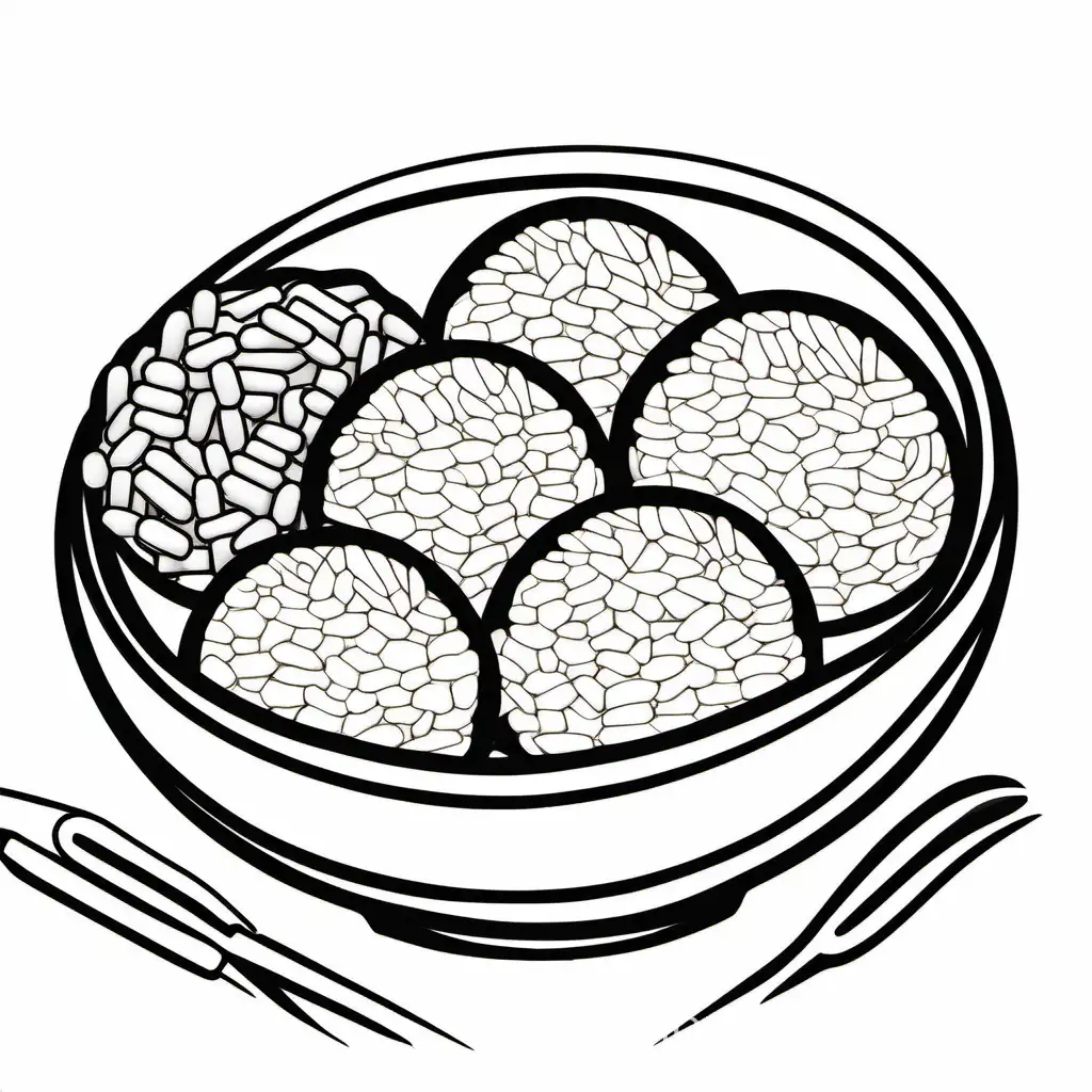 Create a bold and clean line drawing of a food  Rice balls.  without any background
, Coloring Page, black and white, line art, white background, Simplicity, Ample White Space. The background of the coloring page is plain white to make it easy for young children to color within the lines. The outlines of all the subjects are easy to distinguish, making it simple for kids to color without too much difficulty