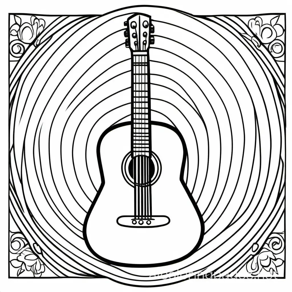 acoustic guitar
, Coloring Page, black and white, line art, white background, Simplicity, Ample White Space. The background of the coloring page is plain white to make it easy for young children to color within the lines. The outlines of all the subjects are easy to distinguish, making it simple for kids to color without too much difficulty