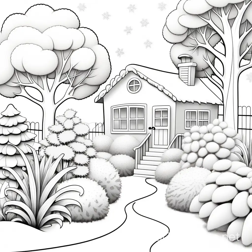 Hose garden detail snow fall, Coloring Page, black and white, line art, white background, Simplicity, Ample White Space. The background of the coloring page is plain white to make it easy for young children to color within the lines. The outlines of all the subjects are easy to distinguish, making it simple for kids to color without too much difficulty