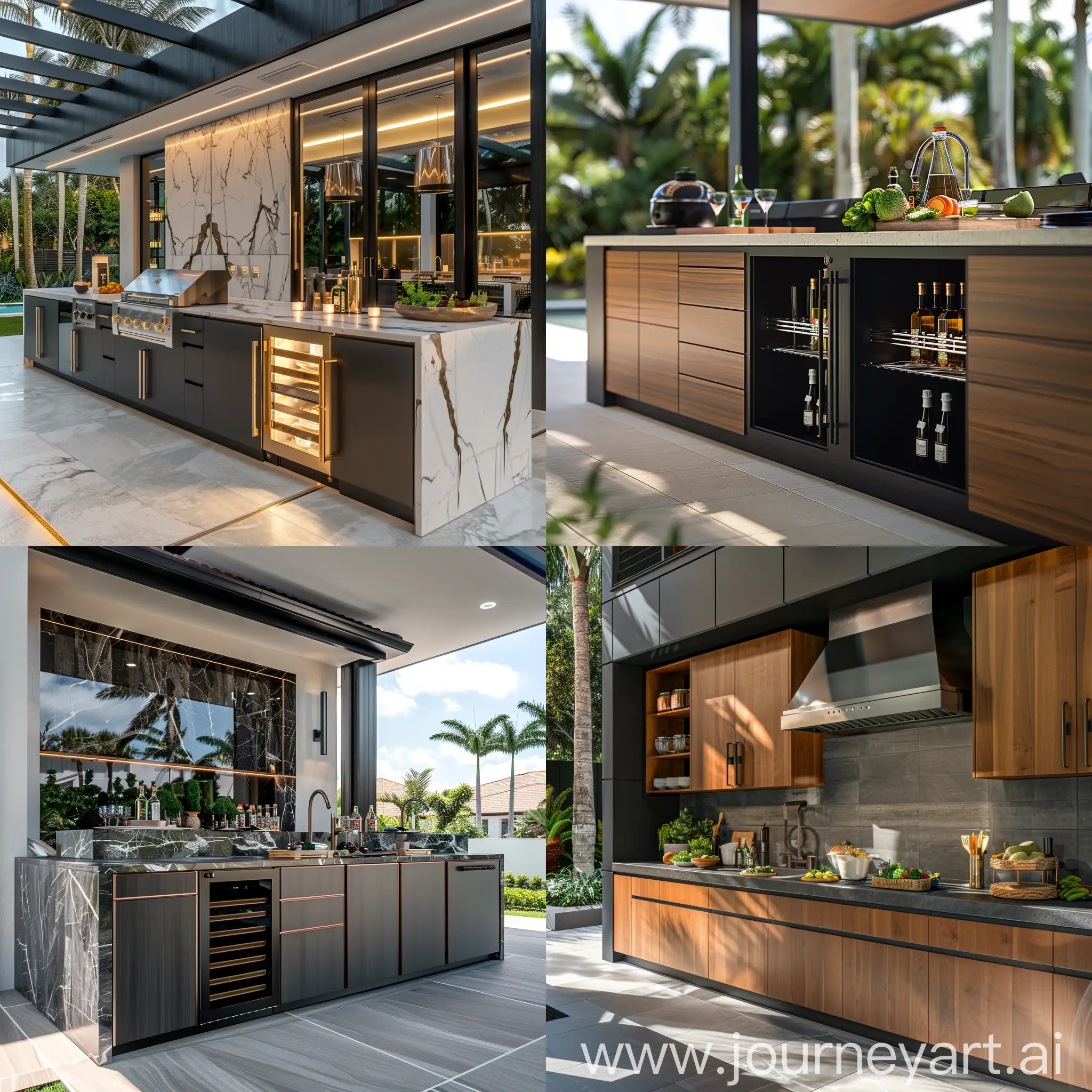realistic modern outdoor kitchen cabinets in Florida, hd image quality, photo realistic, highly detailed, hyper-realistic, super detailed, high quality, high resolution, elegant, photography, photorealistic, ultra hd, hdr, 32k, cinematic, the photo is captured with a nikon z9 camera and a nikkor z 85mm f/1.2 lens, using an aperture of f/2.4