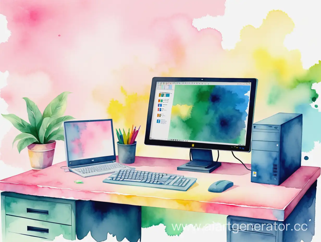 компьютер,microsoft office , акварельный стиль, светлые тона, розовые, желтые, голубые, салатовые цвета