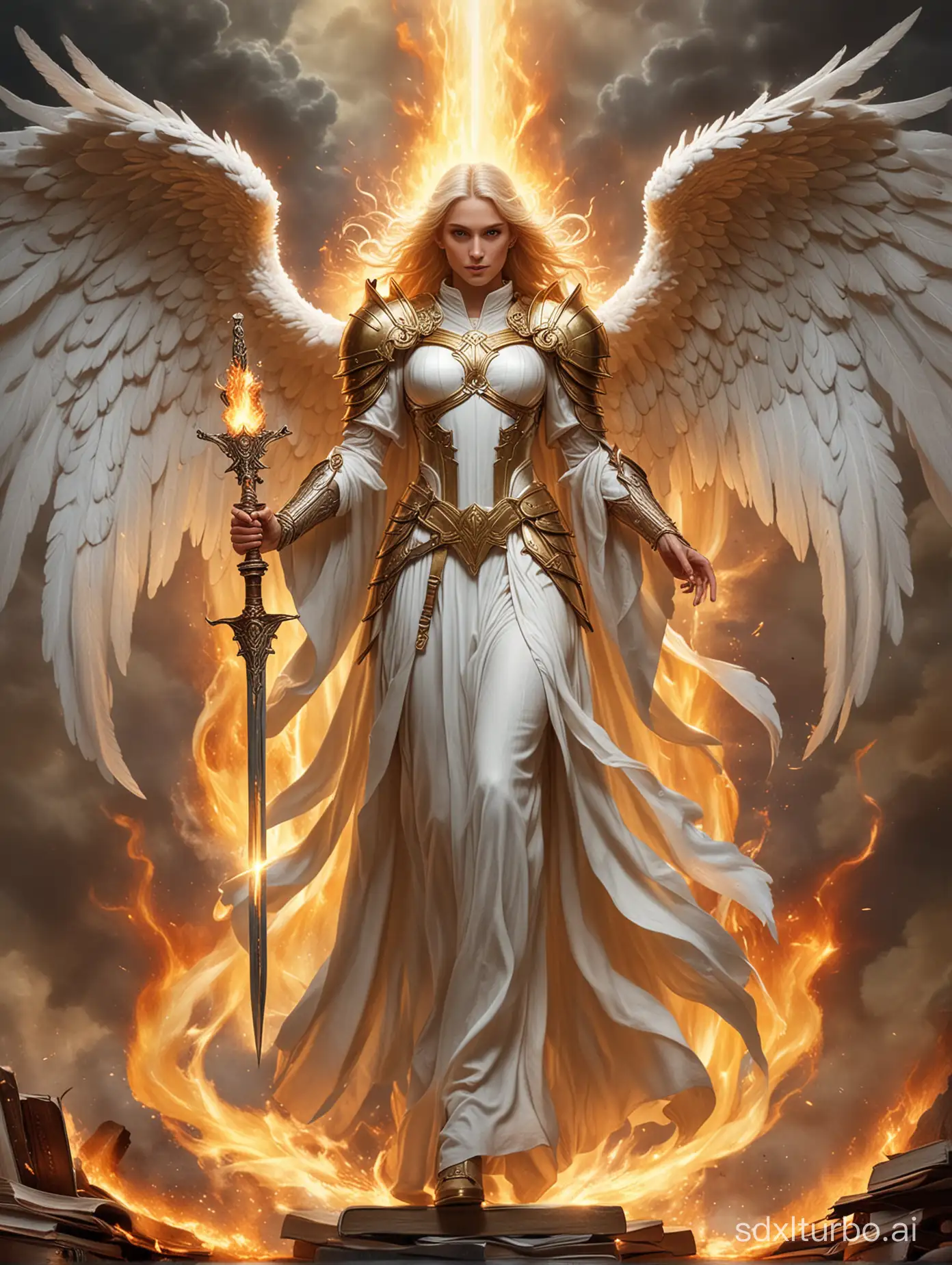 The Archangel Uriel has a book in her right hand and a flaming sword in her left, with large white wings on her back.