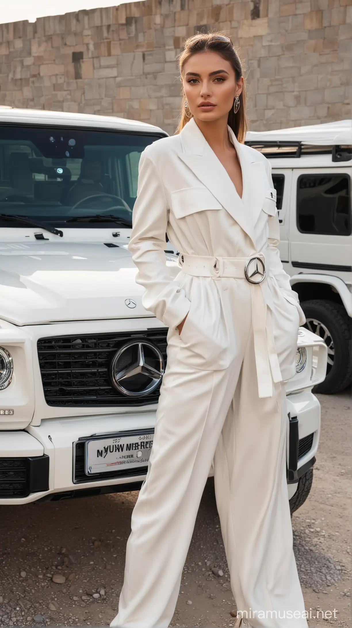 Stylish Turkish Model in MZ Luxury Outfit Posing with 2024 Mercedes G Wagon