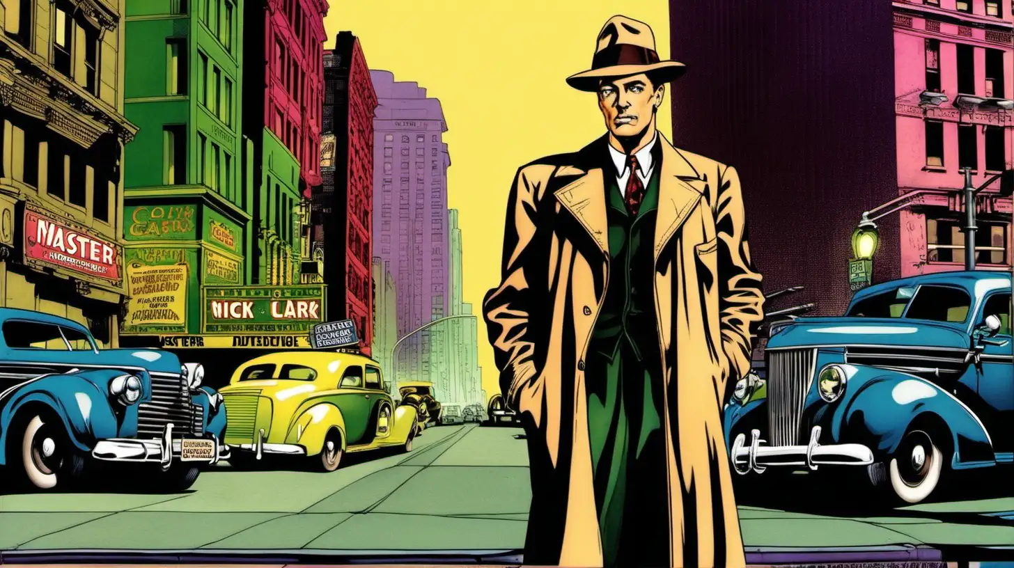 Lon Clark as Nick Carter Master Detective, circa 1947, standing on a street corner in downtown neon New York. Full color, Art Nouveau style.