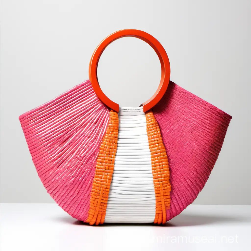 Design a tote Rafia bag that’s in a unique but cool Shape that’s in color pink and orange with some white  leather close to the part of the handle and bag handle/ strap in white leather