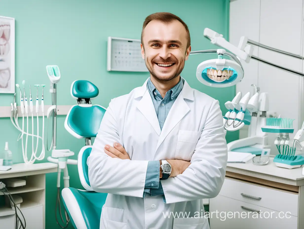 счастливая русская доктор в стоматологической клиники стоит рядом с медоборудованием для лечения зубов и улыбается