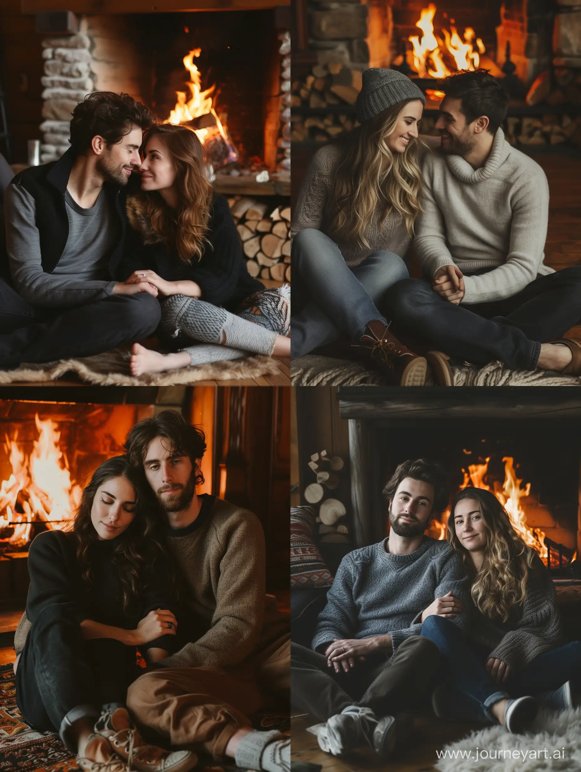 Man and woman sitting on the floor near a burning fireplace in a romantic and cozy setting realistic photo facial detail clearly visible canon