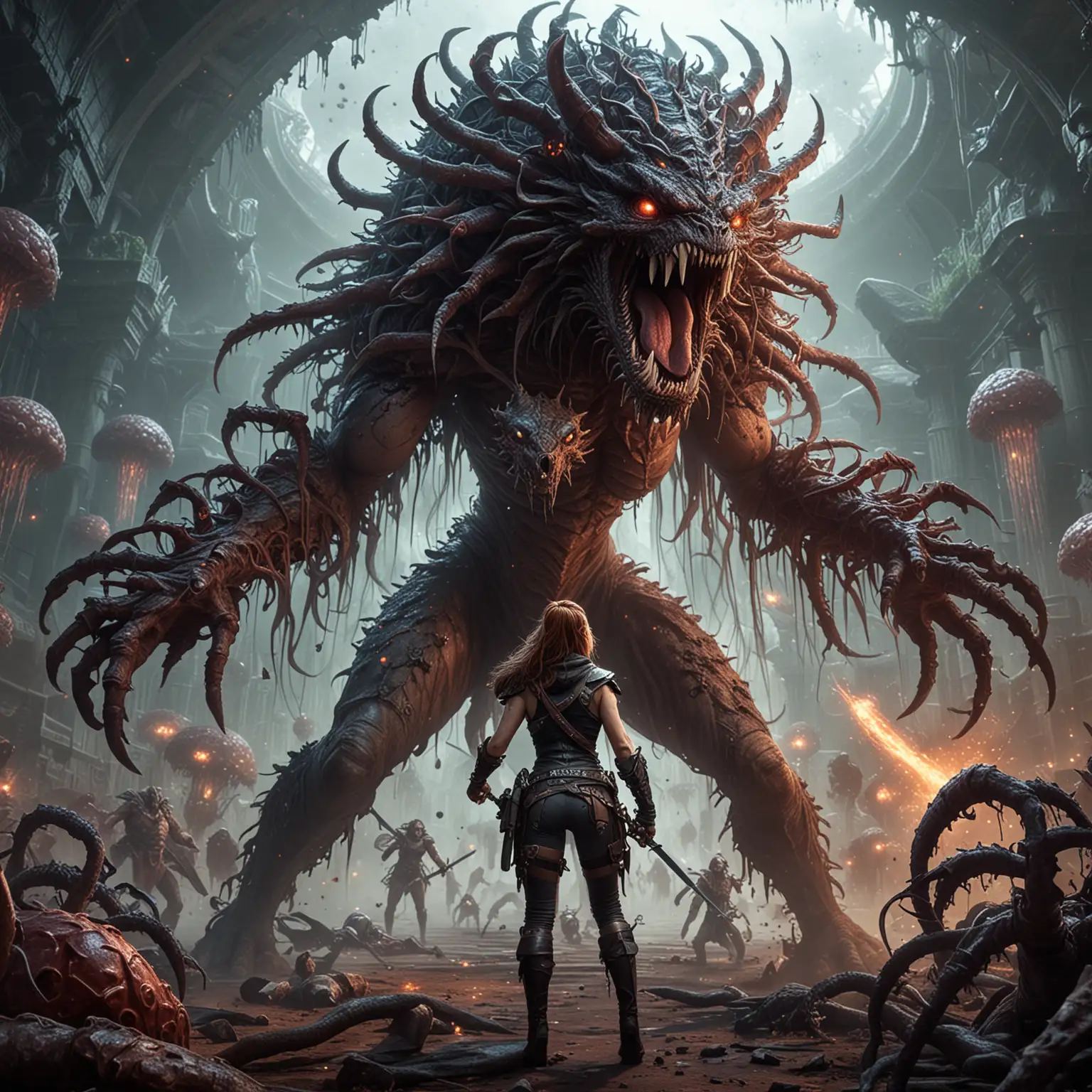 fantasy image of a threat huntress fighting a giant virus

