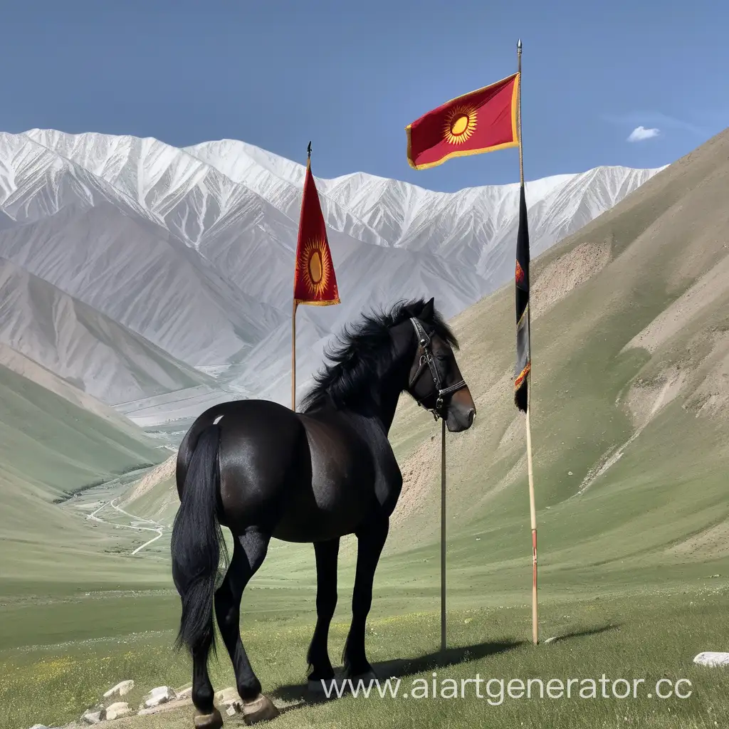  черный лашадь смотрит вперёд, фотография со спины в горах Кыргызстана и флагом Кыргызстана жайлоо 