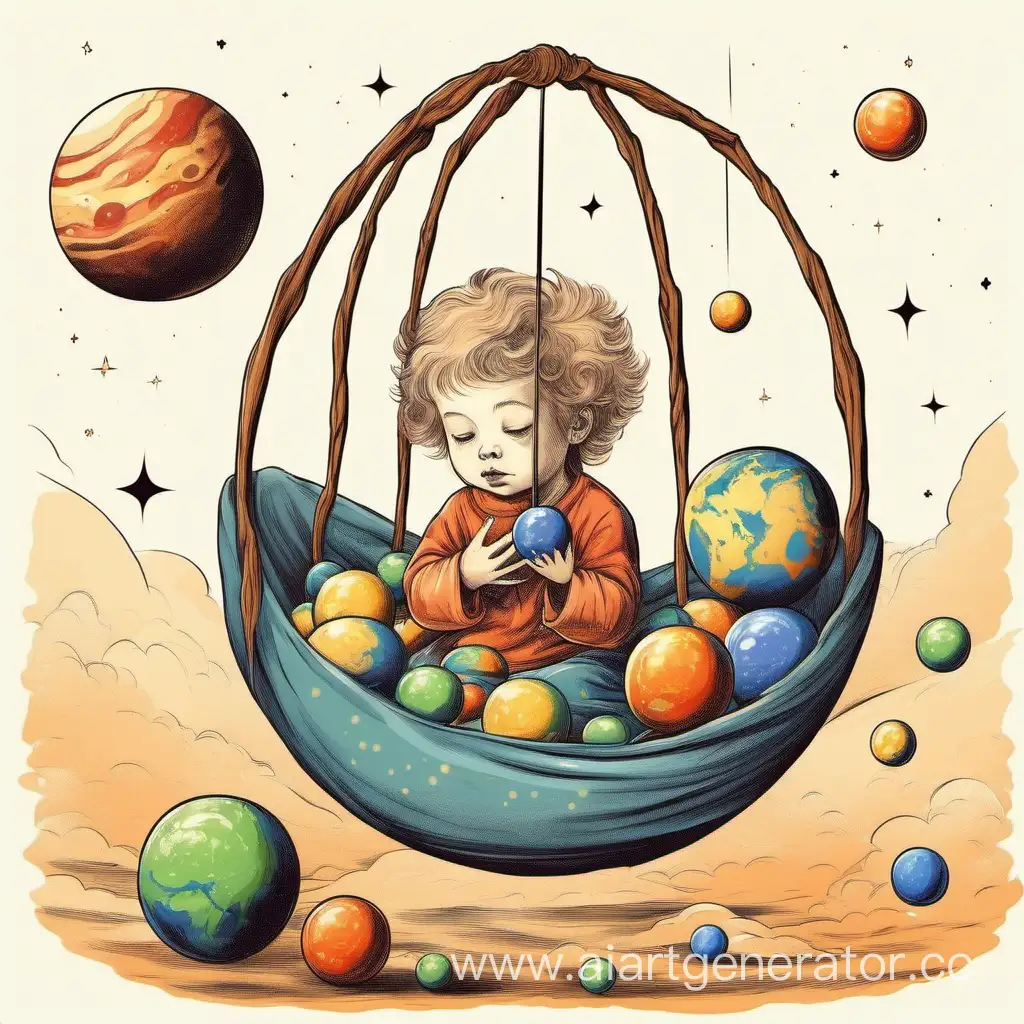 Ребенок в колыбели играет шарами-планетами