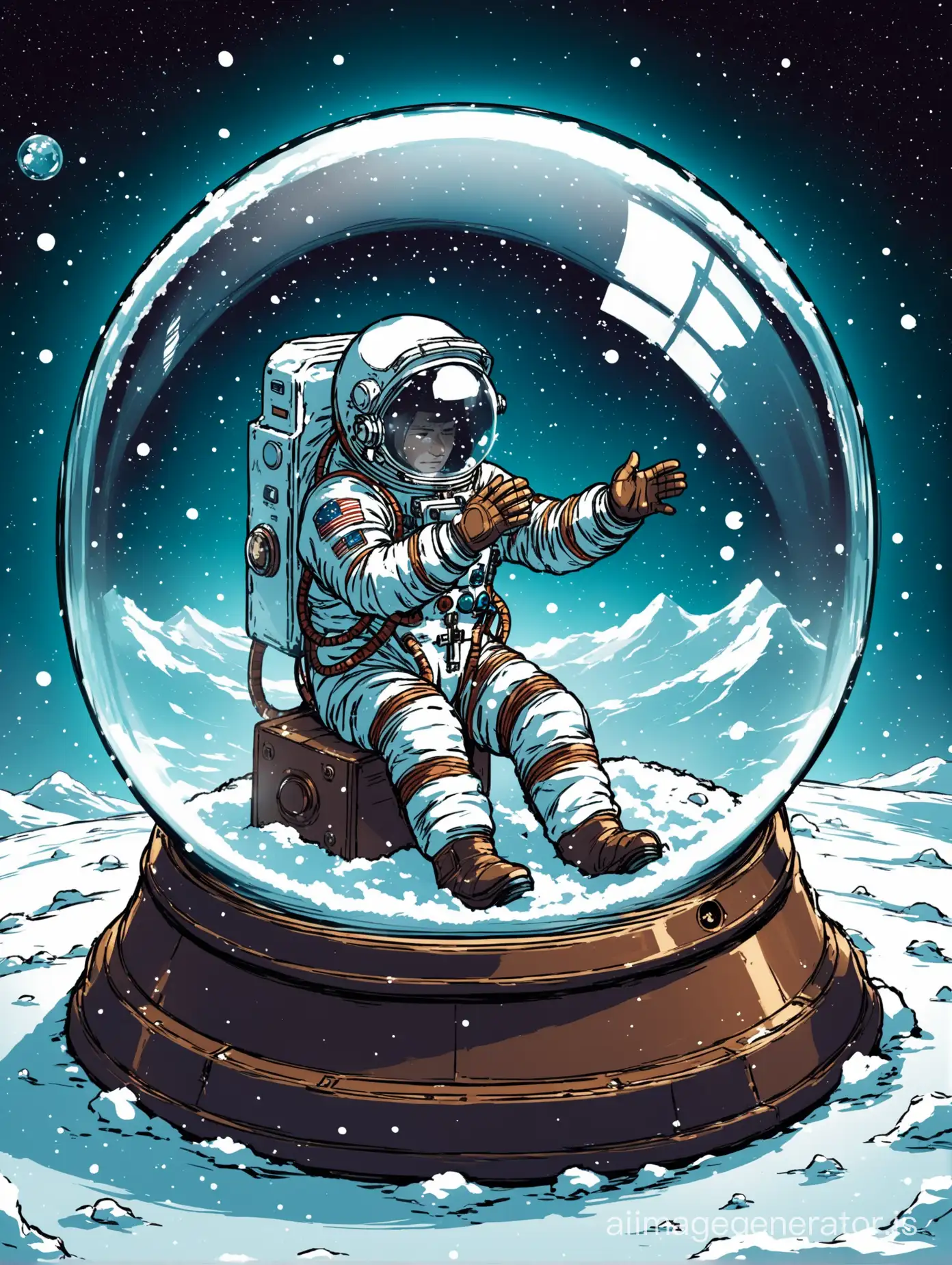 Glass snow globe, inside it a cosmonaut, he is in despair, he is locked, he is trapped, he doesn't know how to get out, his hands press on the globe from the inside